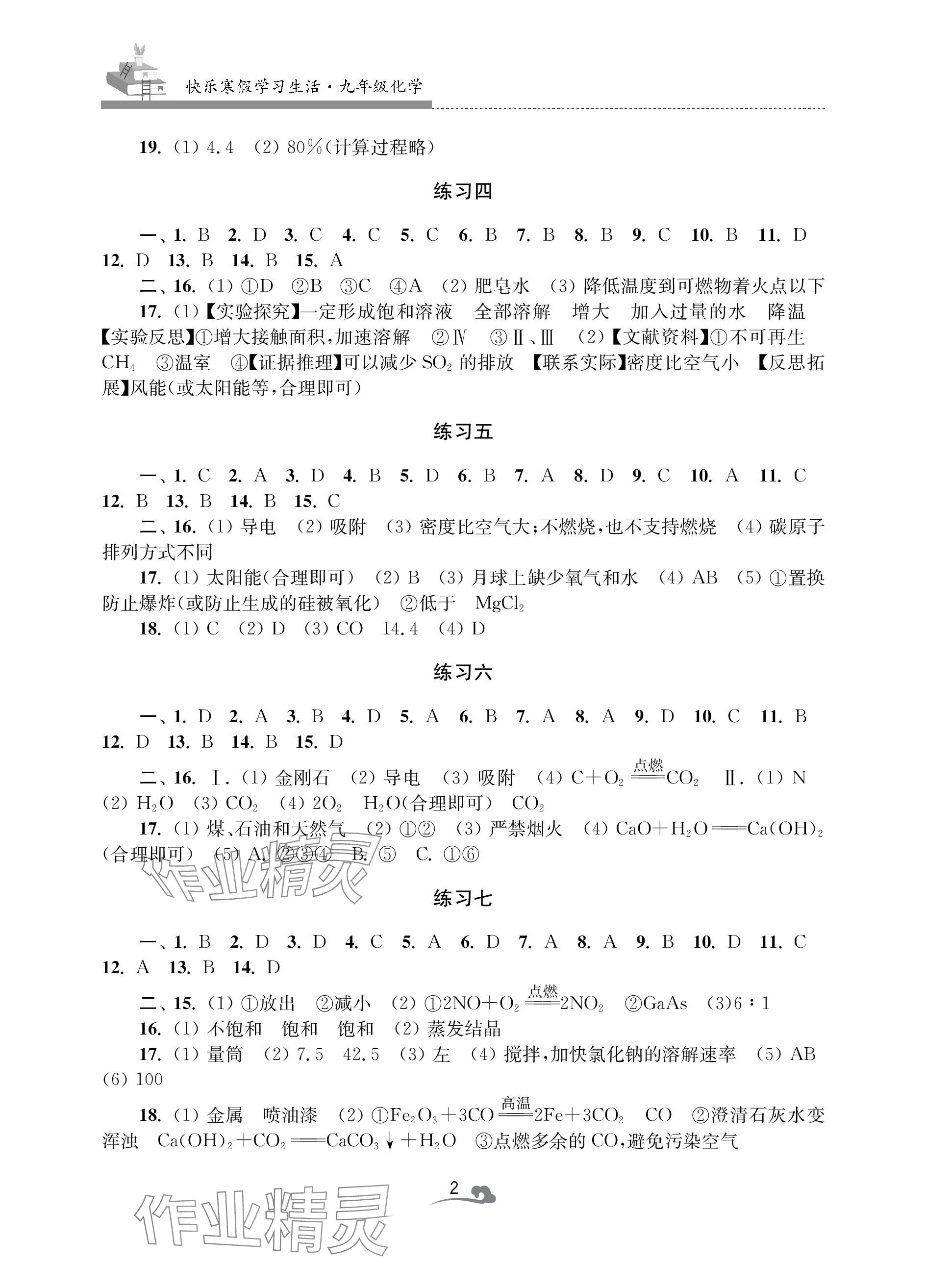 2024年快乐寒假学习生活九年级化学 参考答案第2页