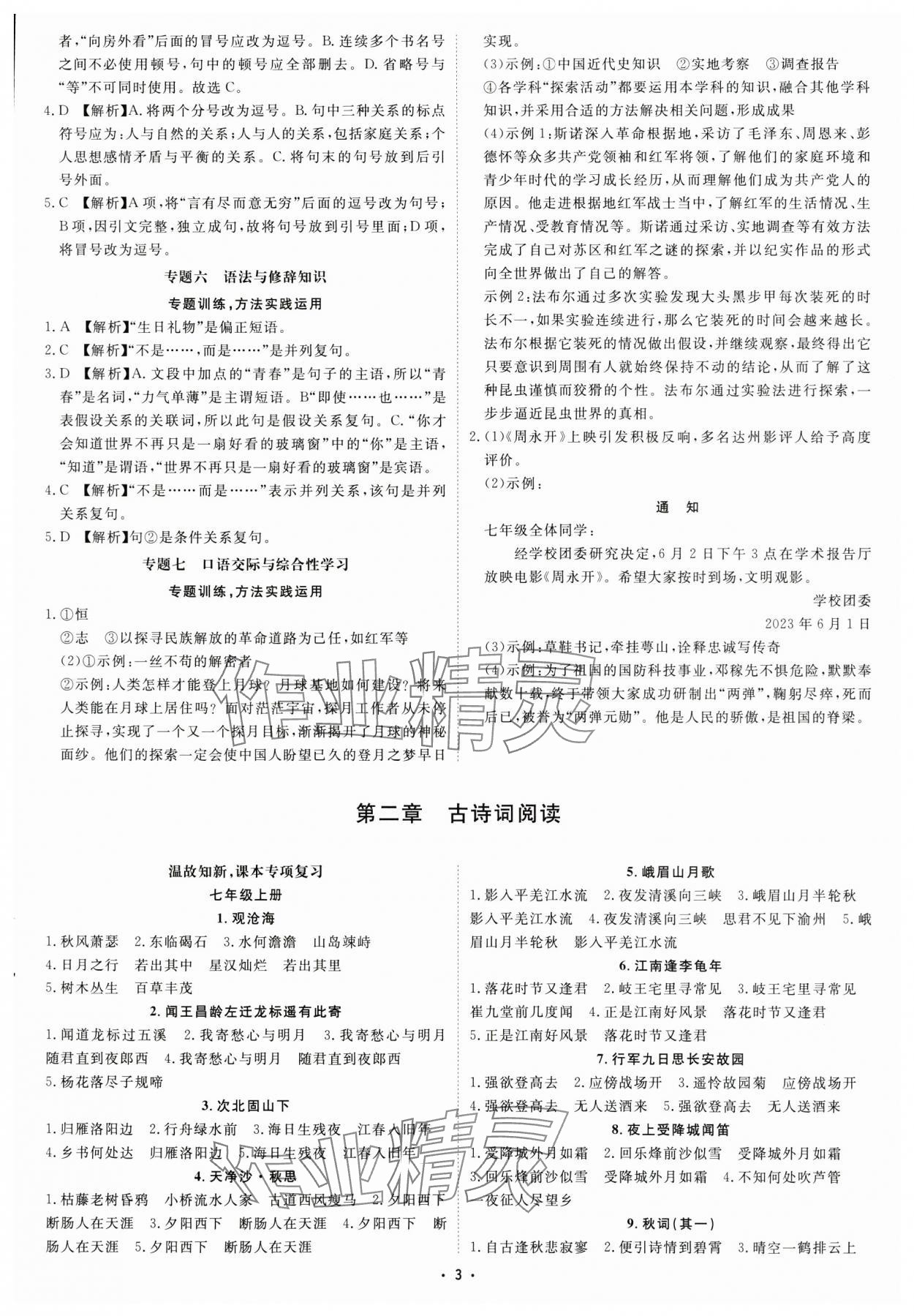 2024年初中總復習手冊中國石油大學出版社語文 參考答案第2頁