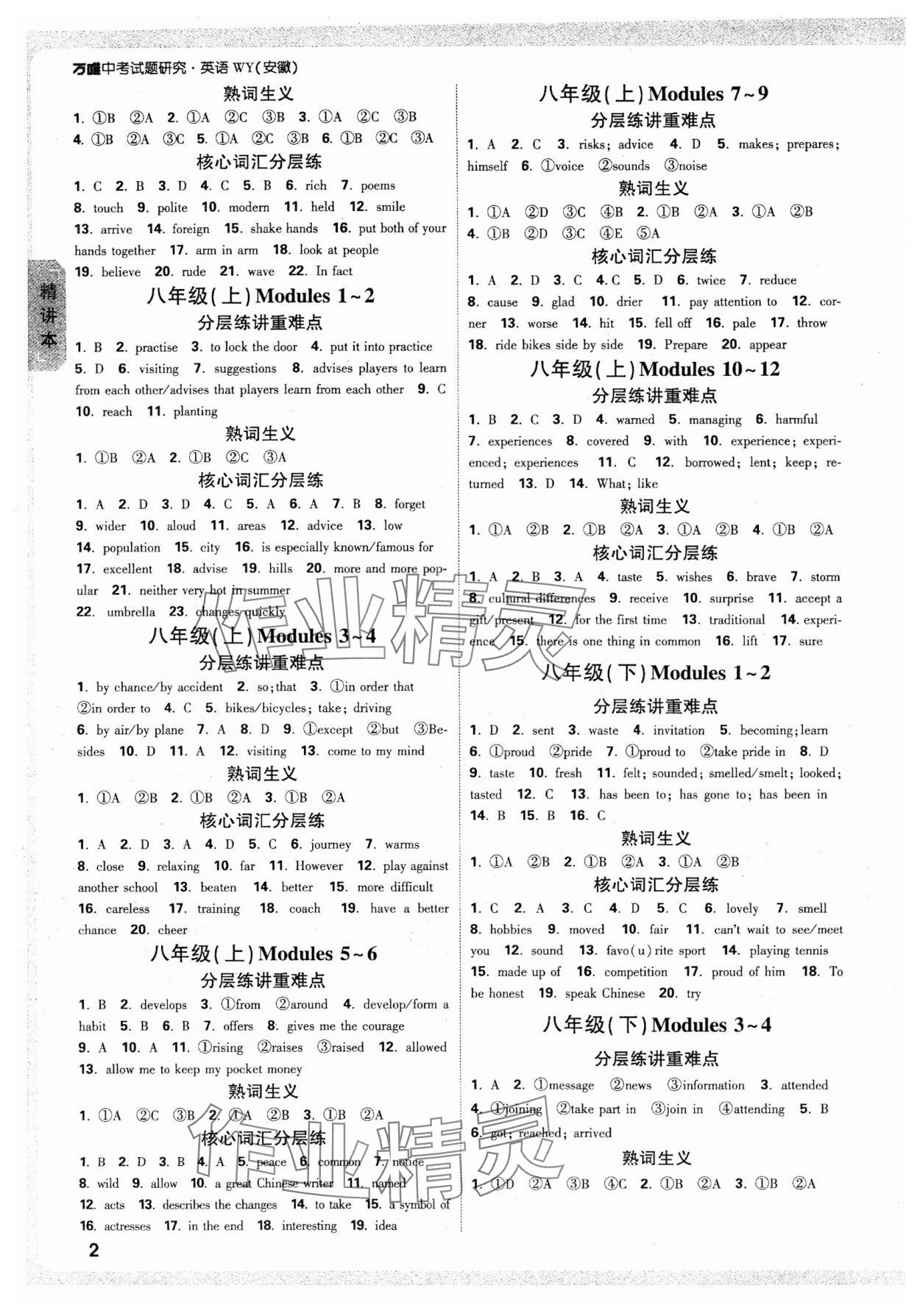 2025年萬唯中考試題研究英語外研版安徽專版 參考答案第2頁