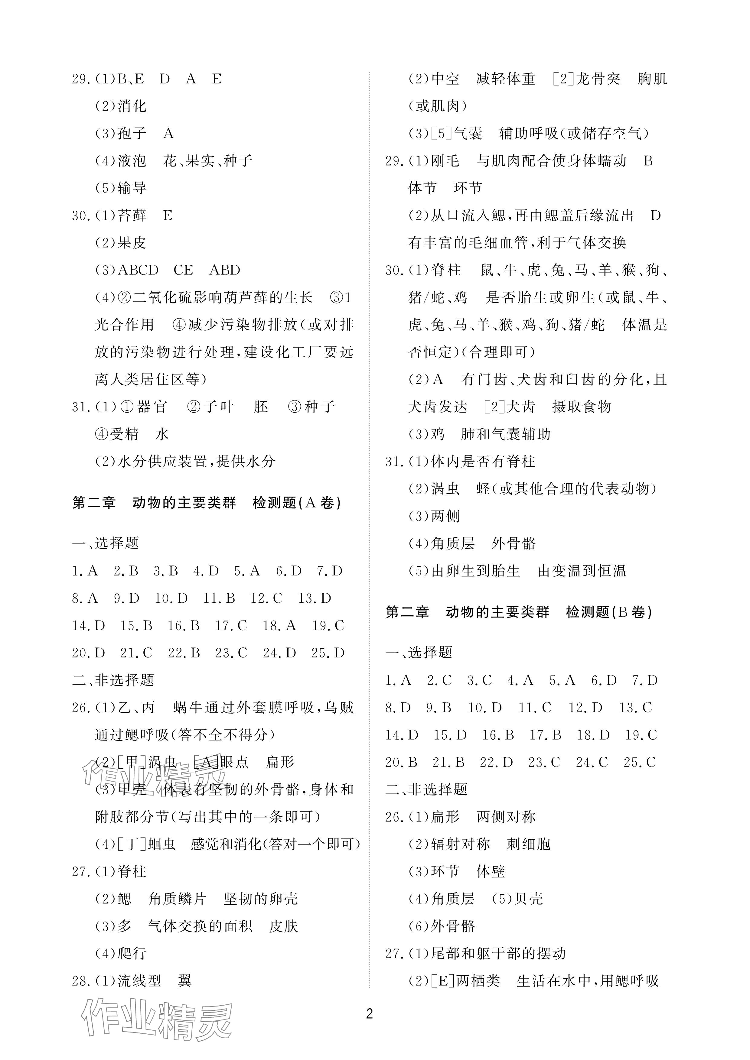 2025年同步練習(xí)冊配套檢測卷六年級生物下冊魯科版五四制 參考答案第2頁