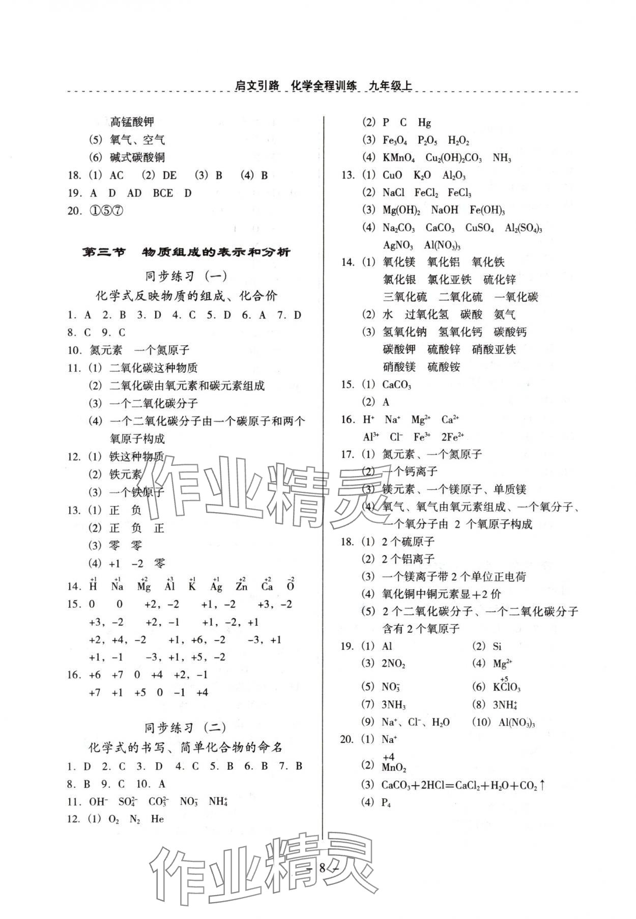 2024年启文引路九年级化学上册沪教版 参考答案第8页