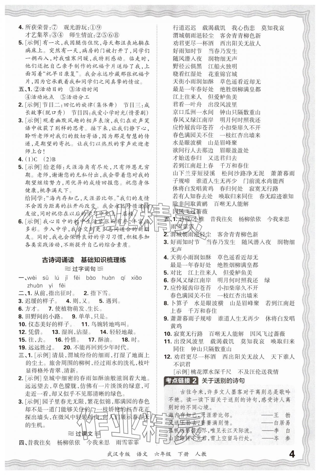 2025年王朝霞期末真题精编六年级语文下册人教版武汉专版 参考答案第4页