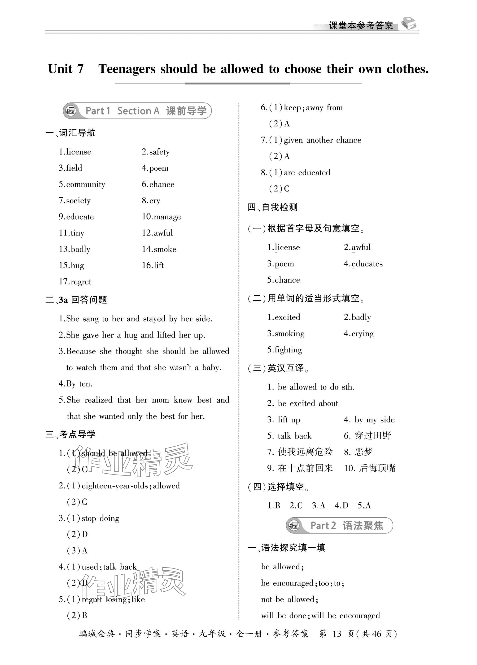 2025年名师帮同步学案九年级英语全一册人教版&nbsp;参考答案第13页