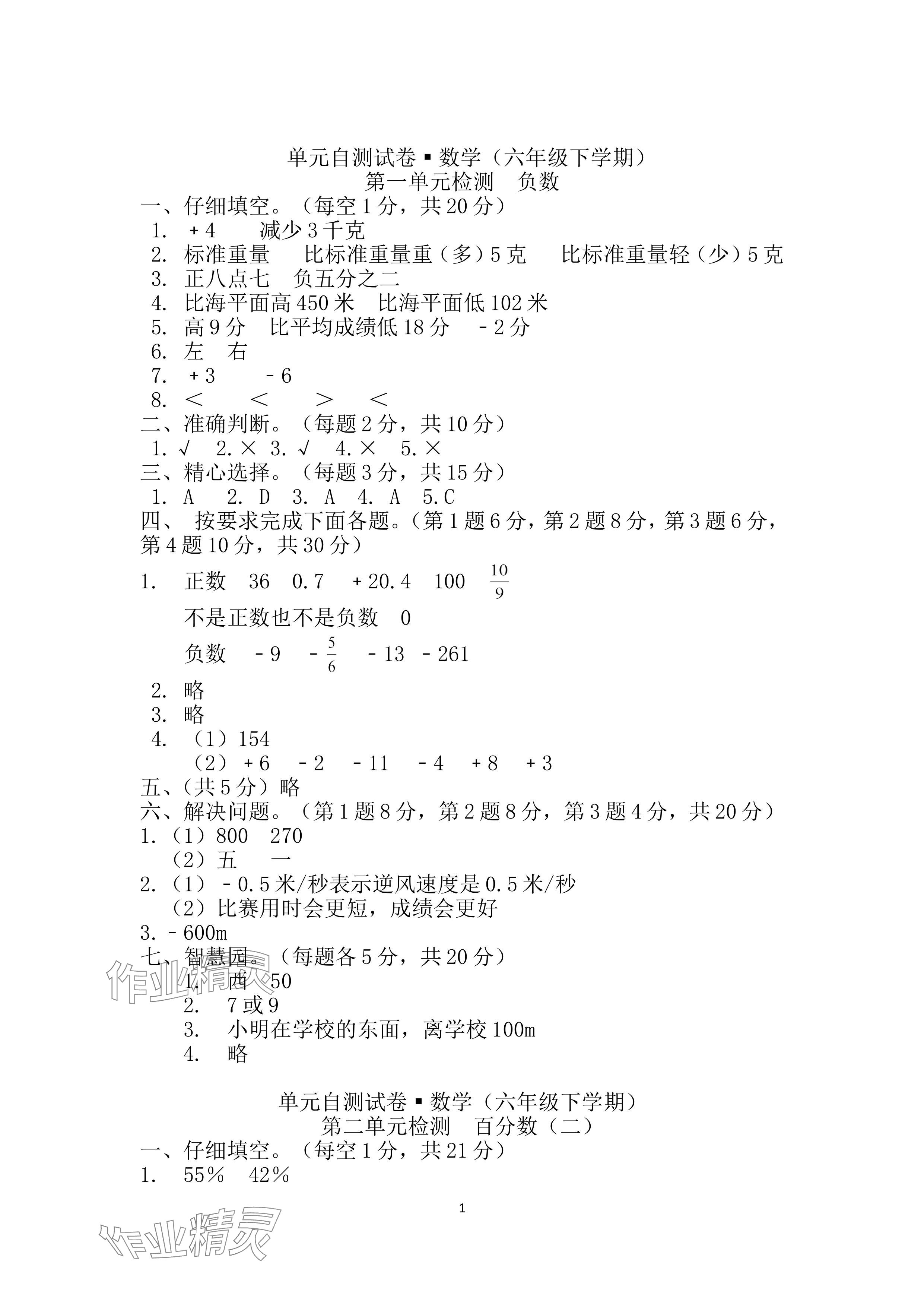 2024年单元自测试卷青岛出版社六年级数学下册人教版 参考答案第1页