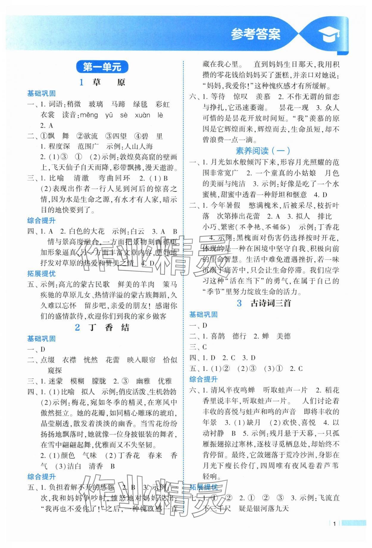 2025年經(jīng)綸學(xué)典課時作業(yè)六年級語文上冊人教版 參考答案第1頁