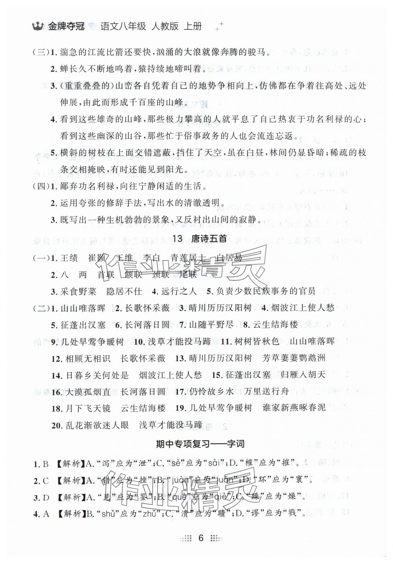 2024年点石成金金牌夺冠八年级语文上册人教版辽宁专版 参考答案第6页