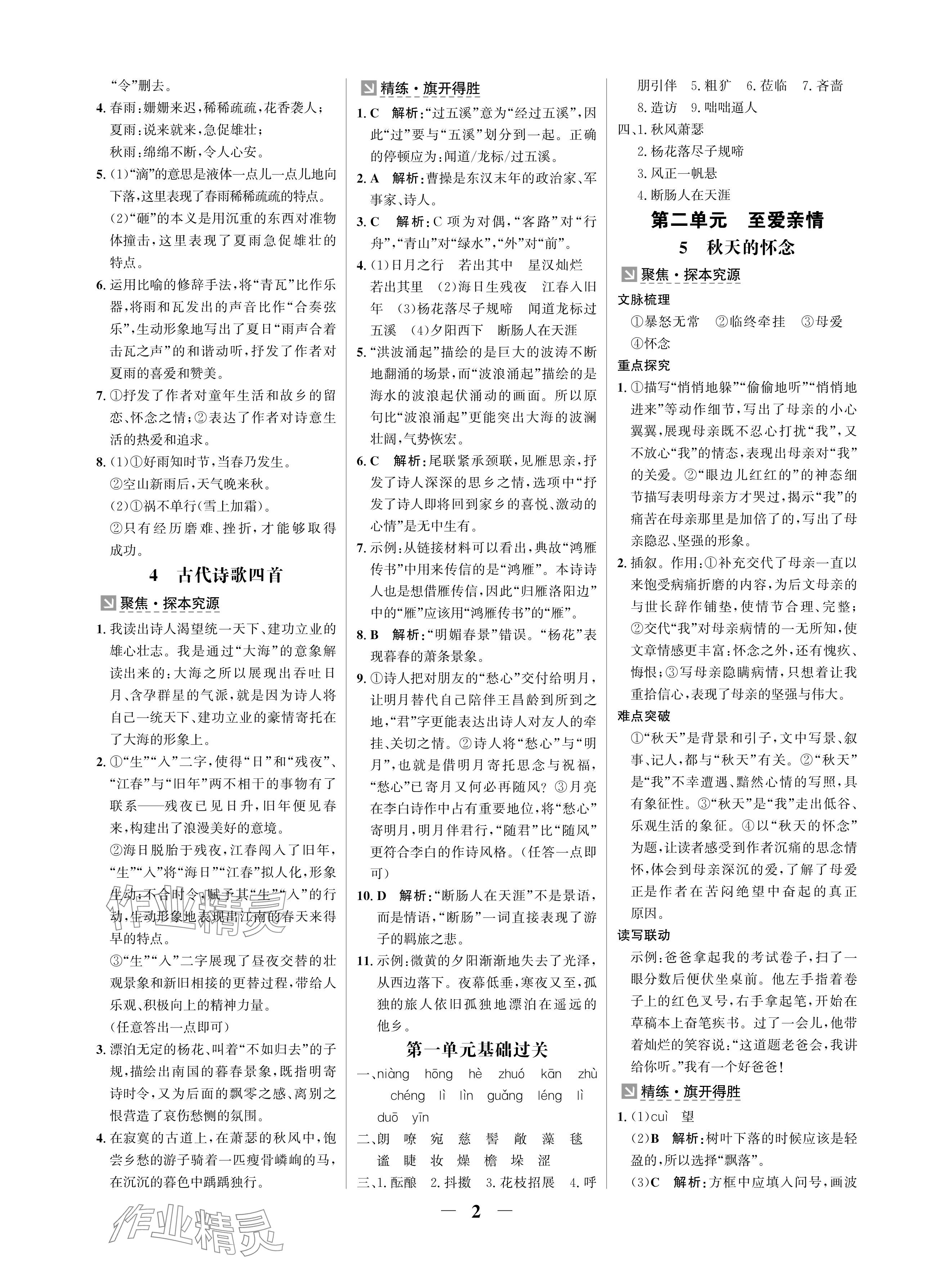 2024年配套综合练习甘肃七年级语文上册人教版 参考答案第2页