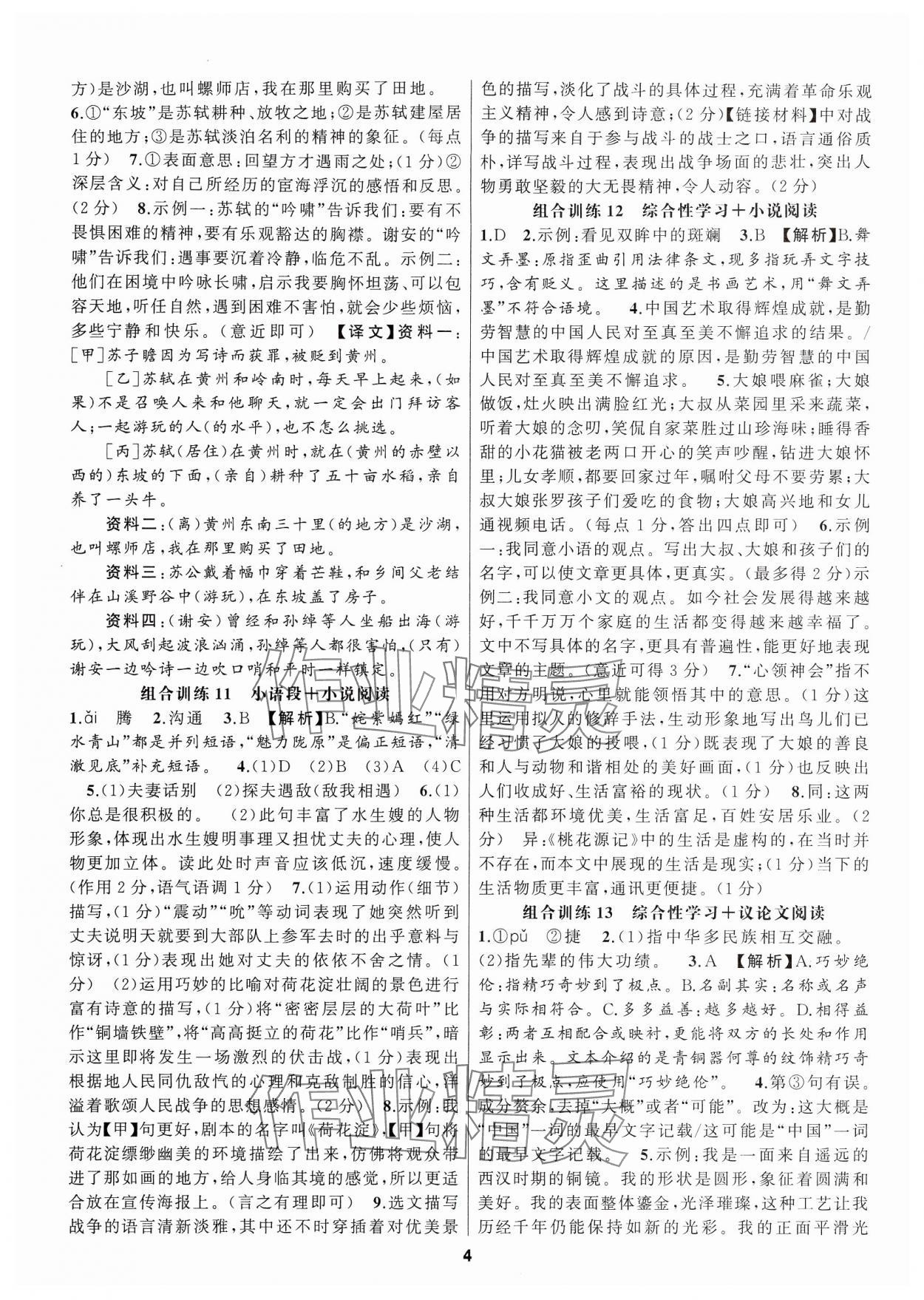 2024年语文花开现代文阅读九年级&nbsp;参考答案第4页