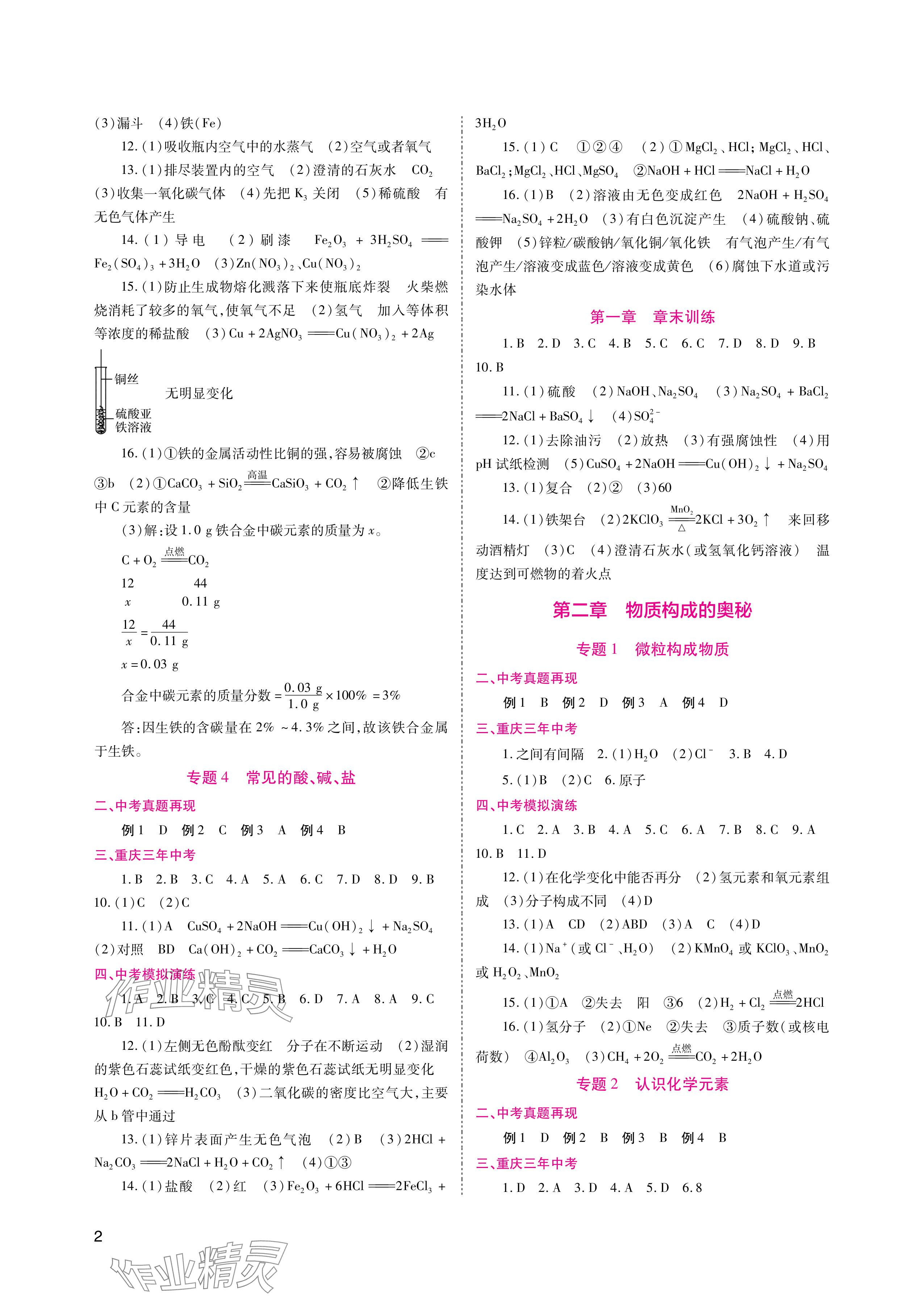 2024年中考總復習重慶出版社化學 參考答案第2頁