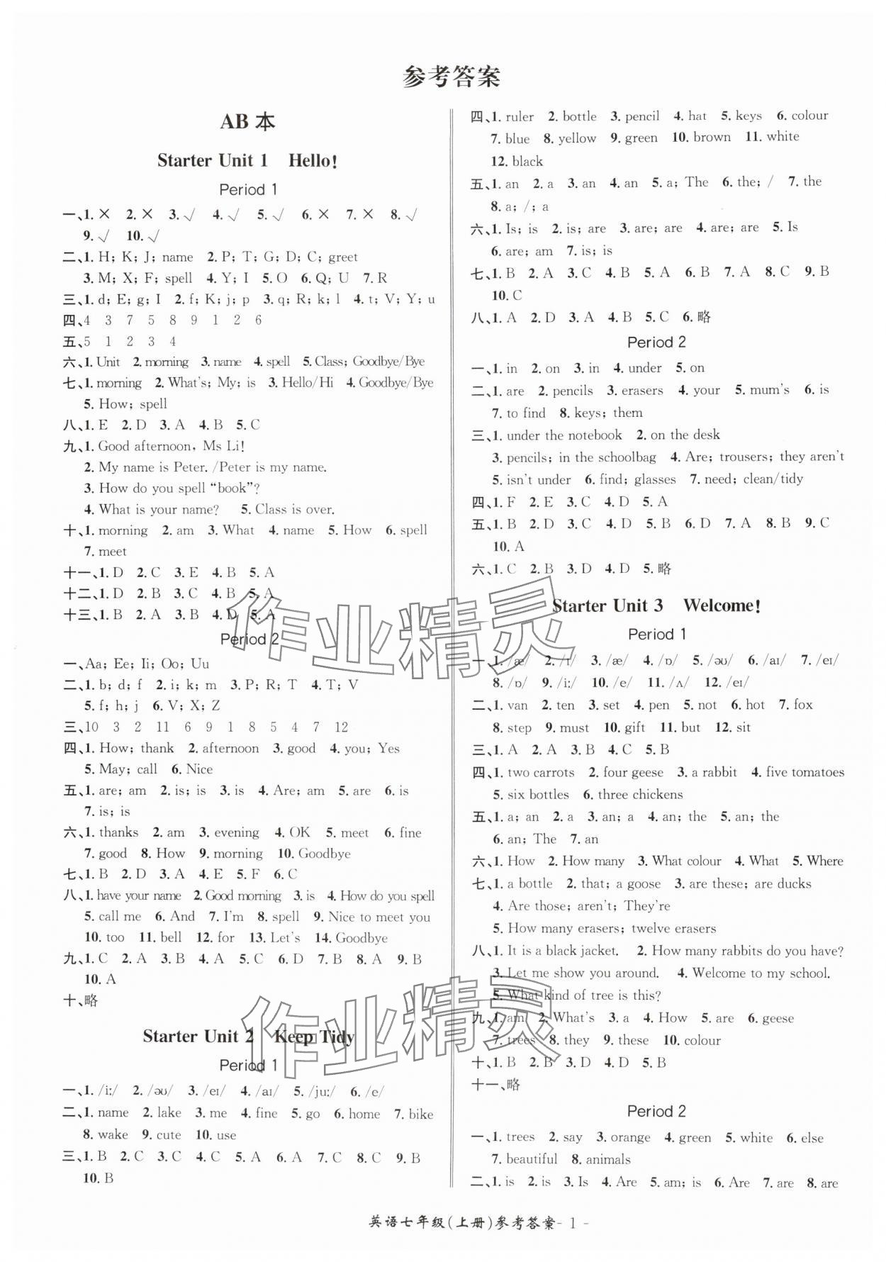 2024年名師金典BFB初中課時(shí)優(yōu)化七年級(jí)英語(yǔ)上冊(cè)人教版 參考答案第1頁(yè)