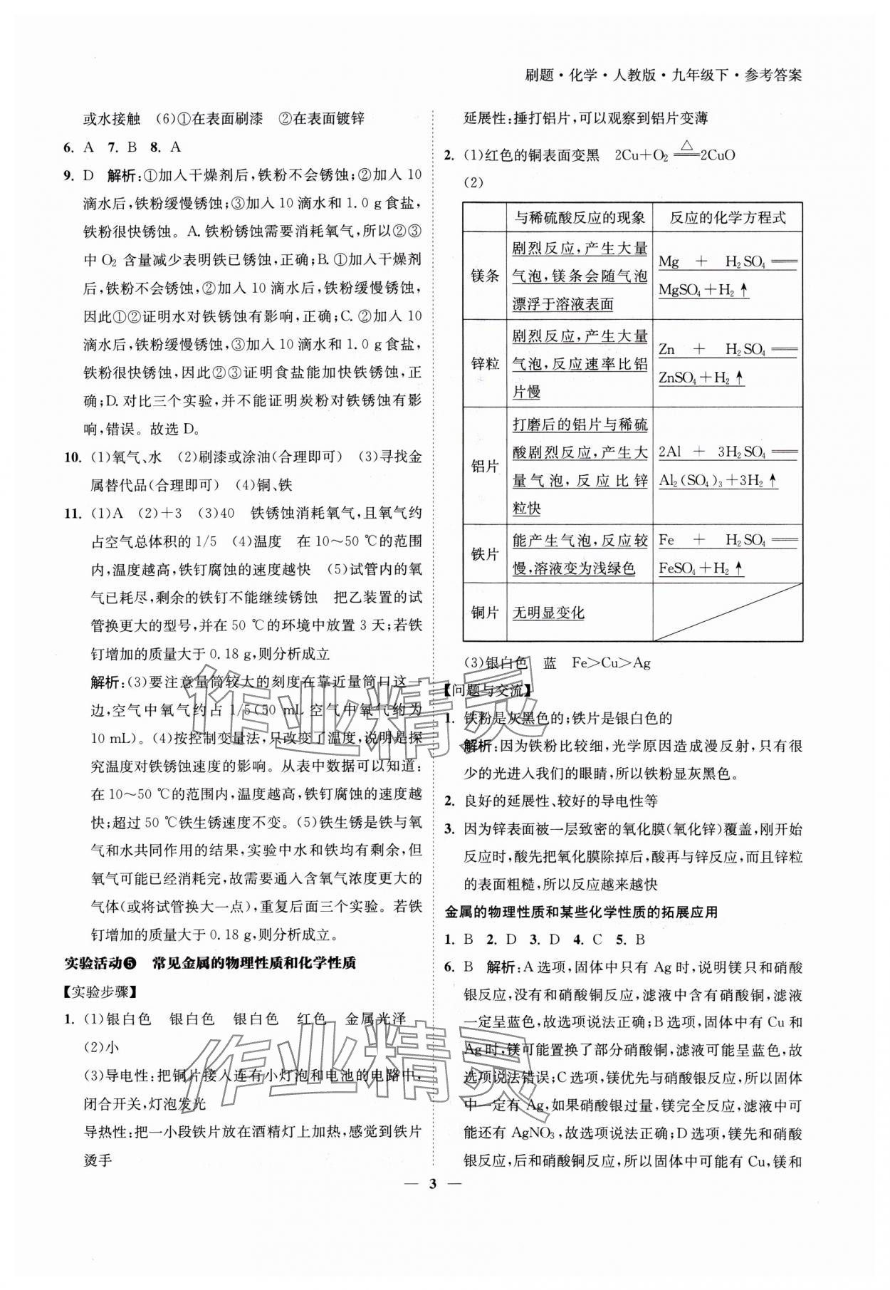 2025年北大绿卡刷题九年级化学下册人教版 参考答案第3页