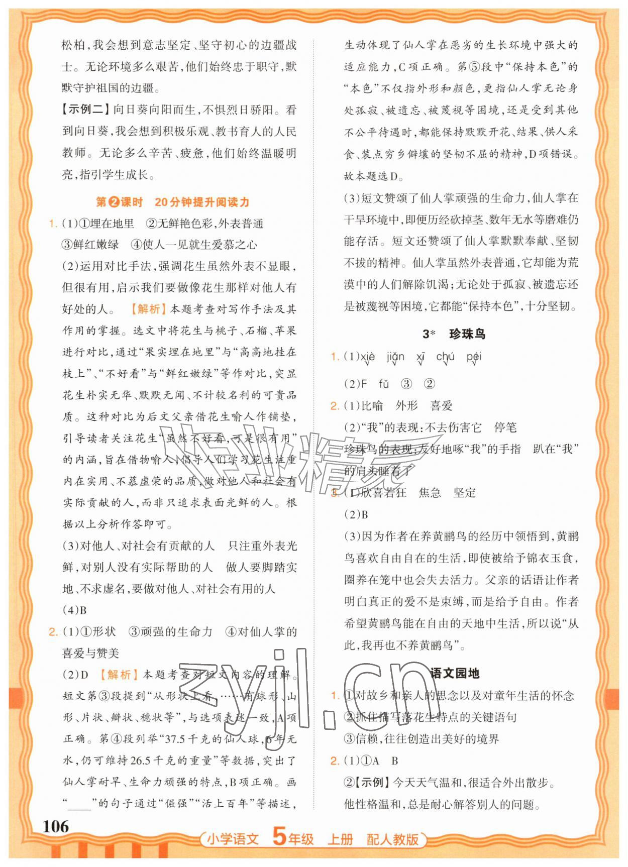 2026年王朝霞活页同步练习册五年级语文上册人教版&nbsp;参考答案第2页