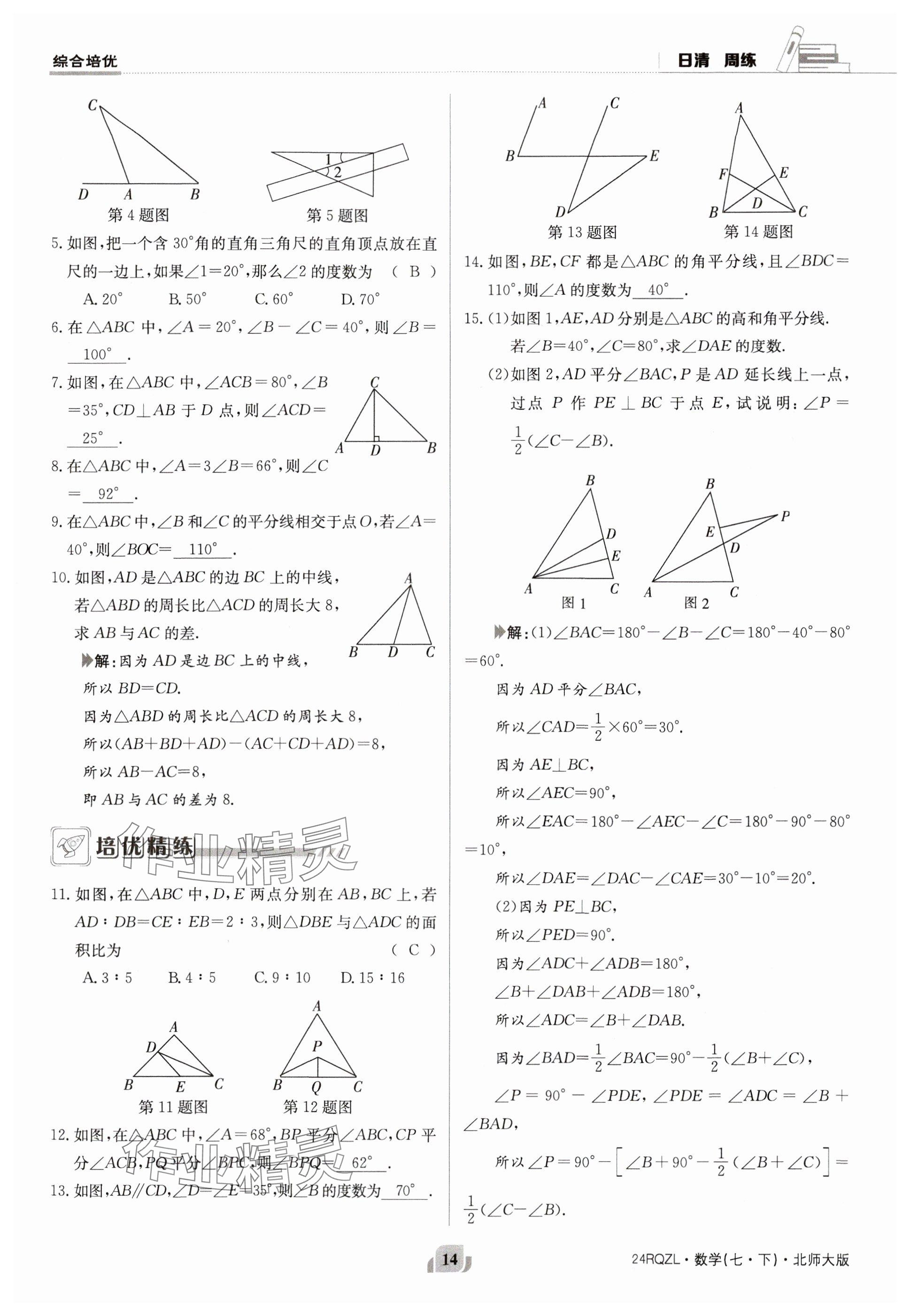 2024年日清周練七年級數(shù)學(xué)下冊北師大版 參考答案第14頁