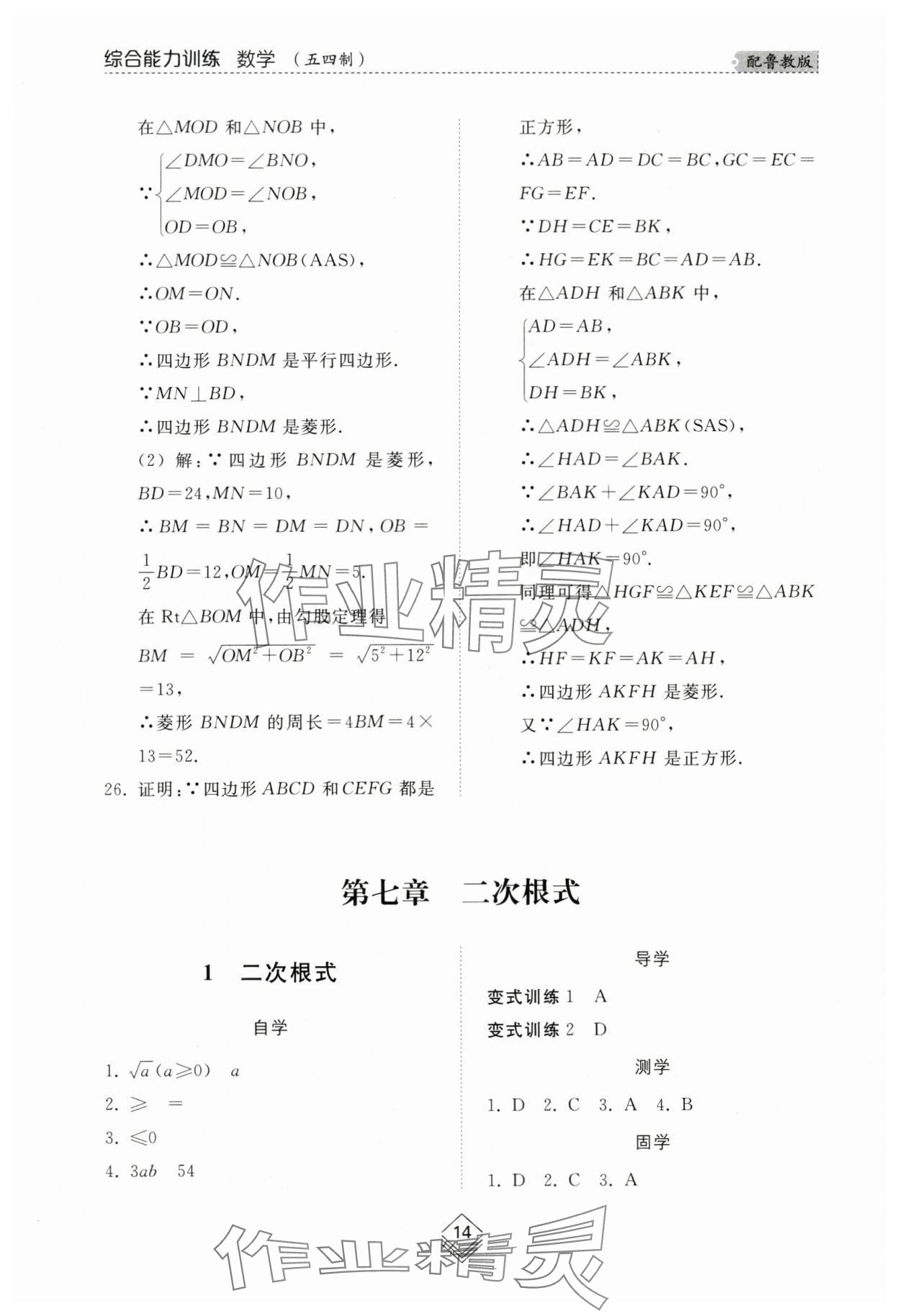 2024年綜合能力訓練八年級數(shù)學下冊魯教版54制 參考答案第13頁