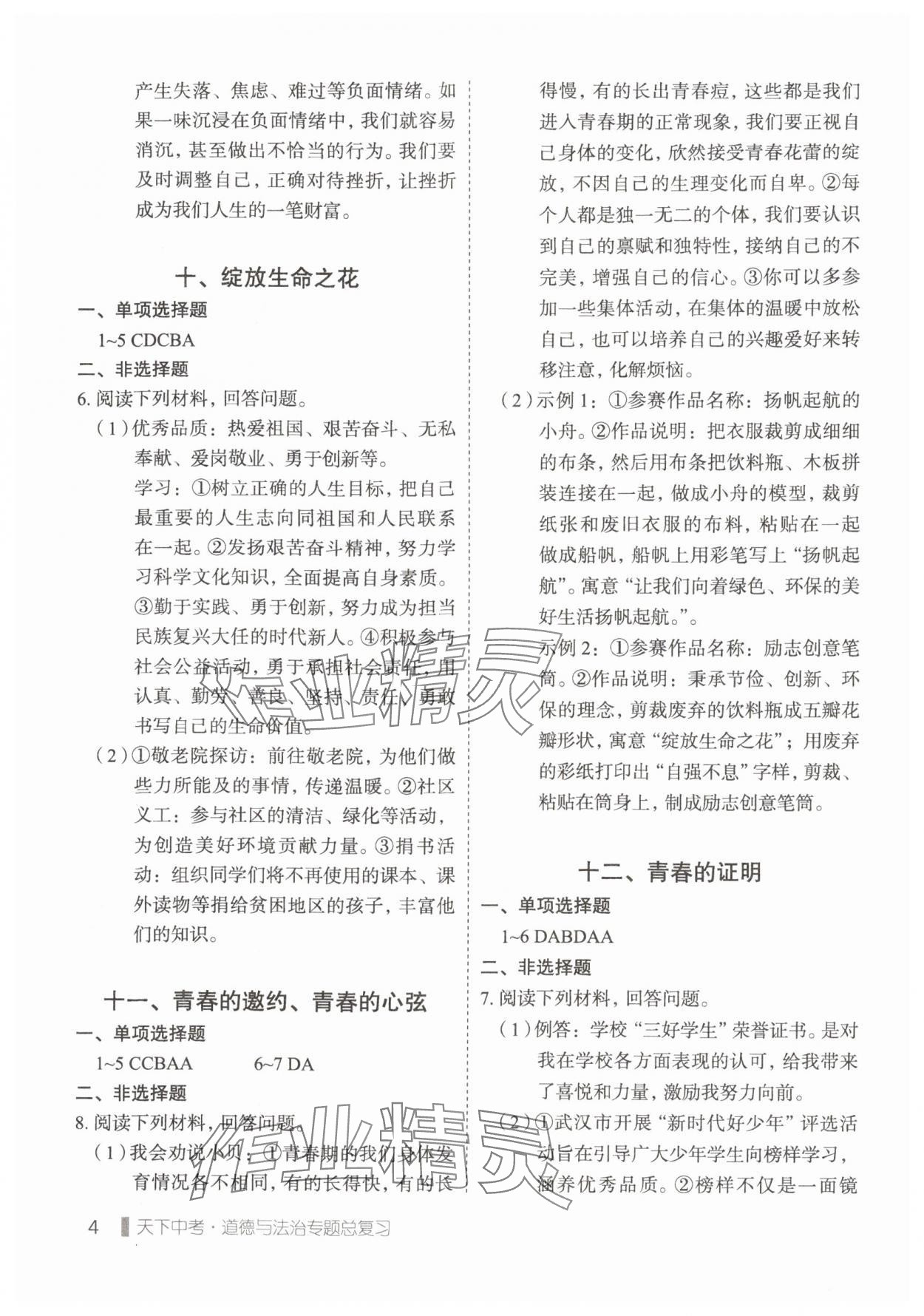 2025年天下中考專題總復習道德與法治 參考答案第4頁