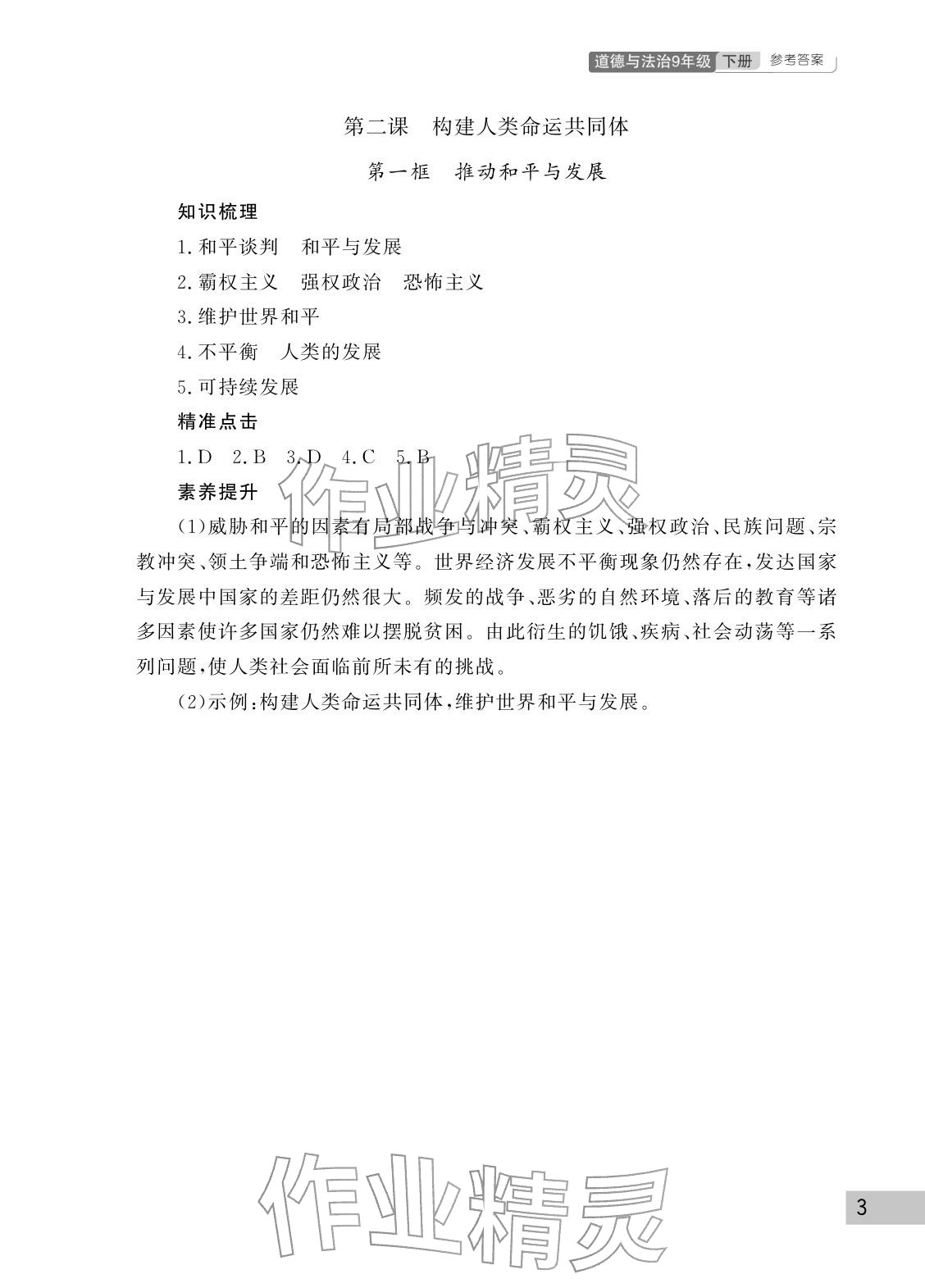 2026年课堂作业武汉出版社九年级道德与法治下册人教版&nbsp;参考答案第3页