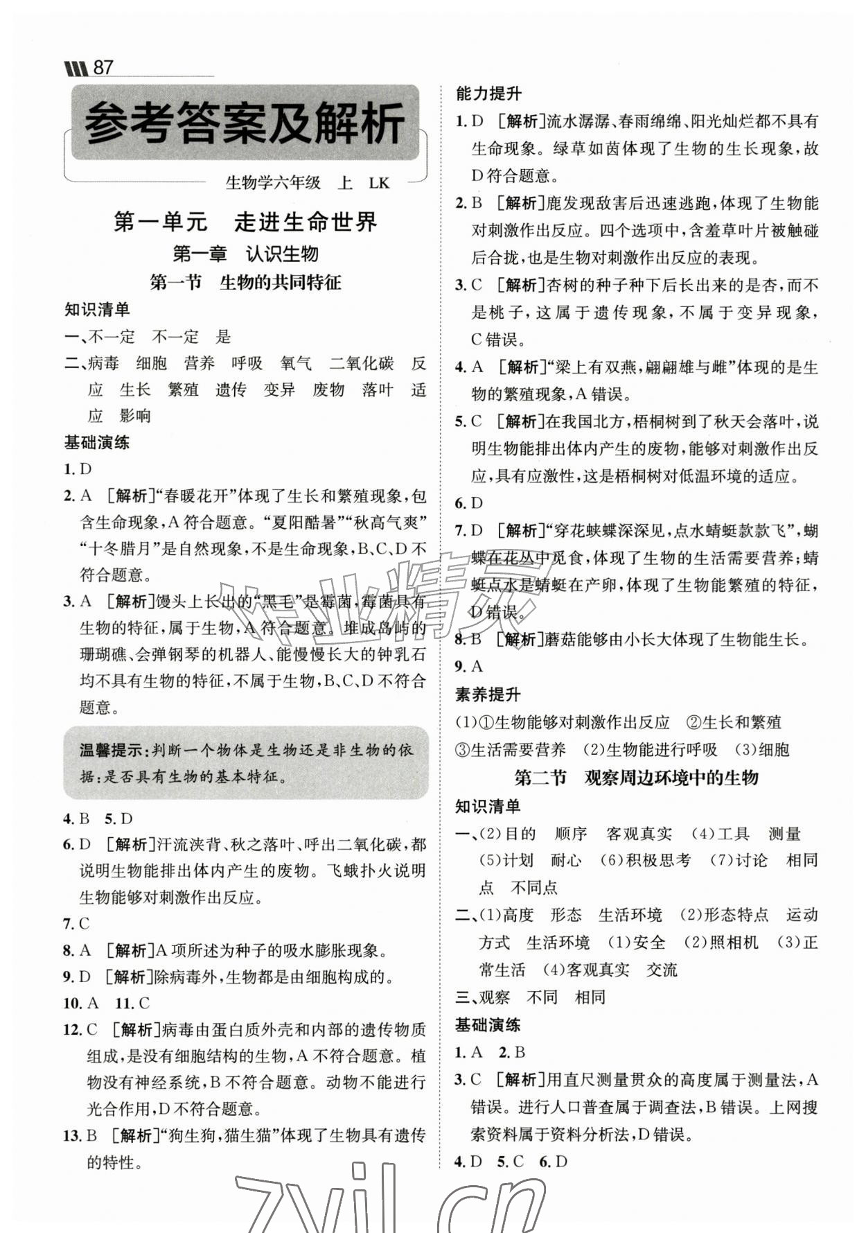 2026年同行学案六年级生物上册鲁科版&nbsp;参考答案第1页