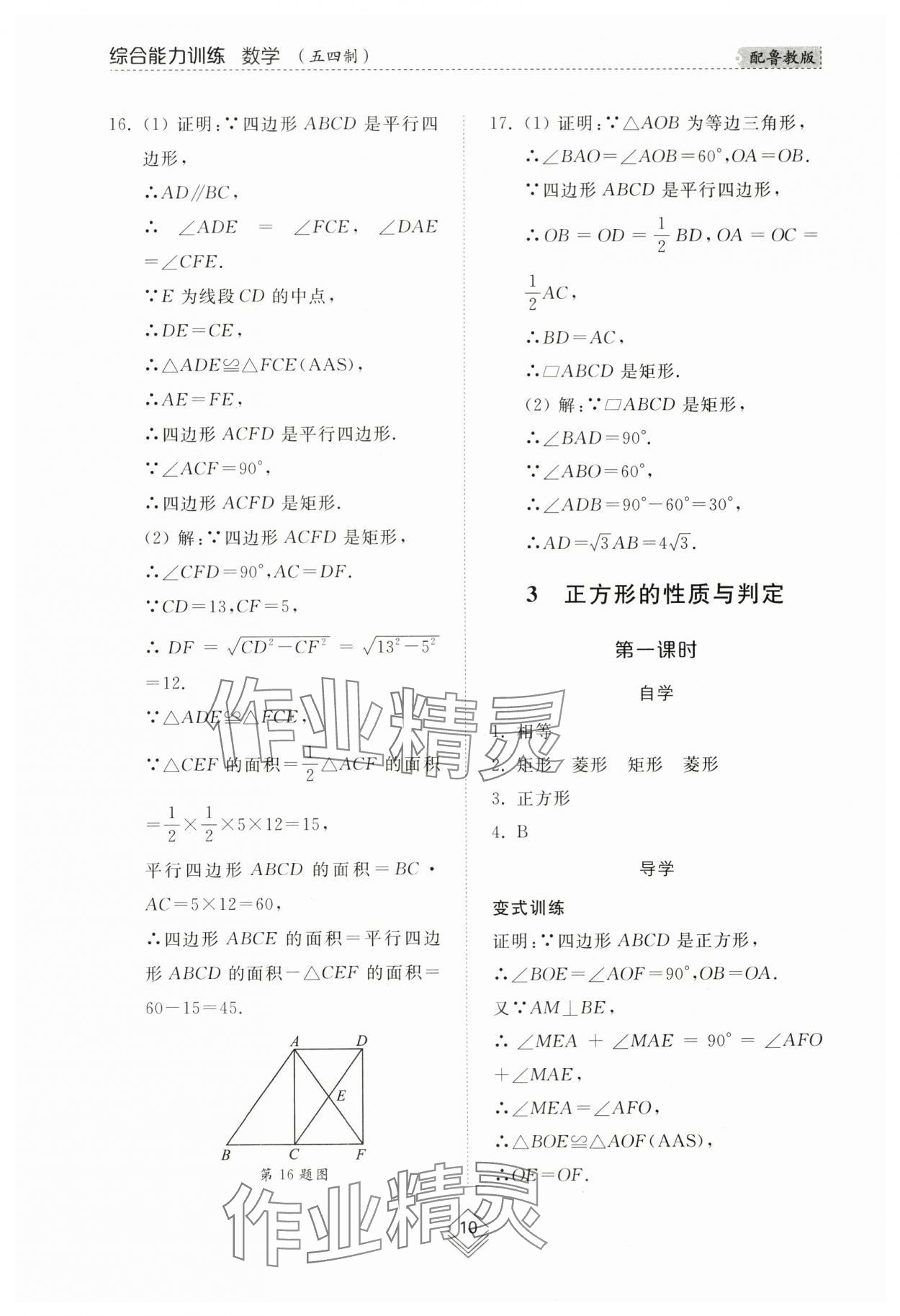 2024年綜合能力訓(xùn)練八年級(jí)數(shù)學(xué)下冊(cè)魯教版54制 參考答案第9頁