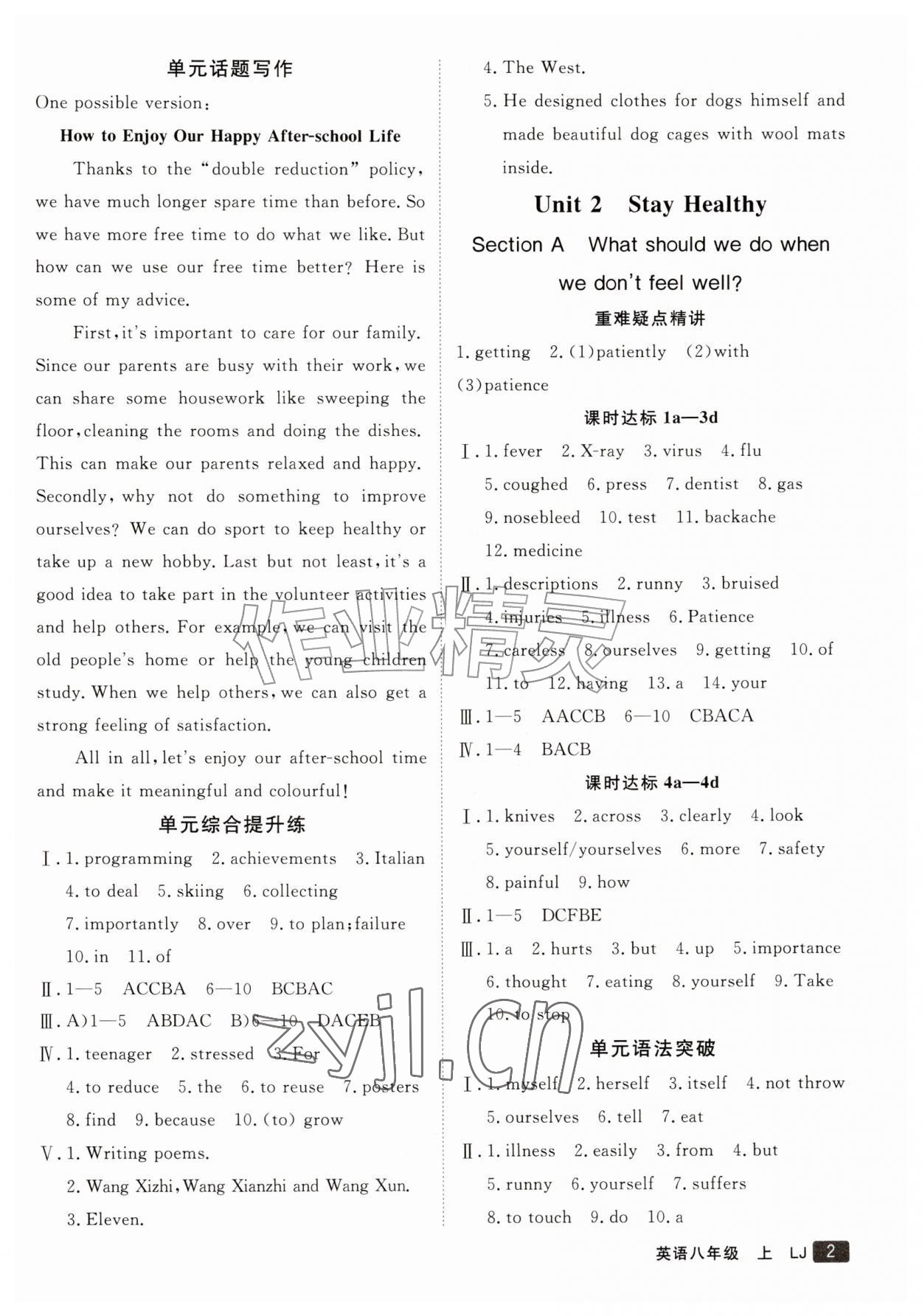 2026年同行学案八年级英语上册鲁教版&nbsp;参考答案第2页