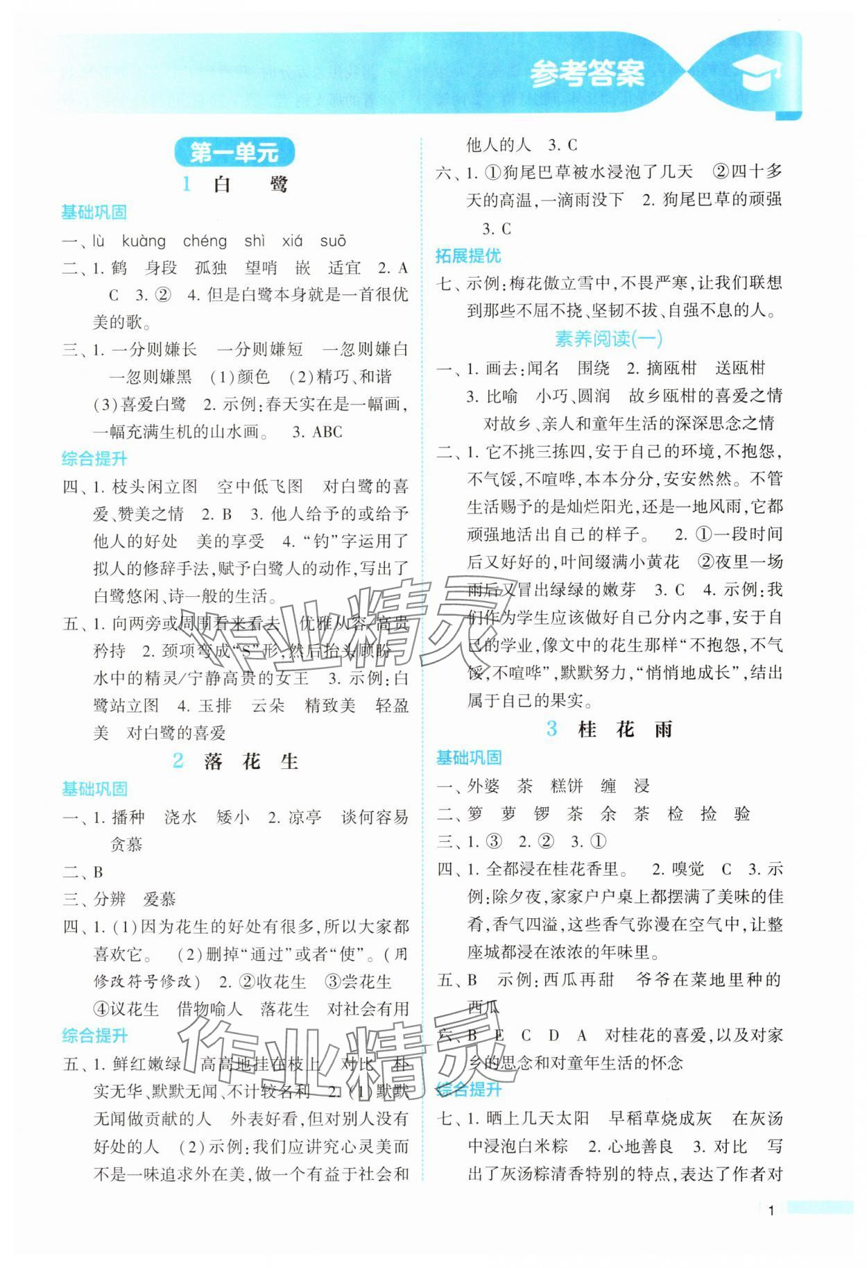 2025年經(jīng)綸學(xué)典課時作業(yè)五年級語文上冊人教版 參考答案第1頁