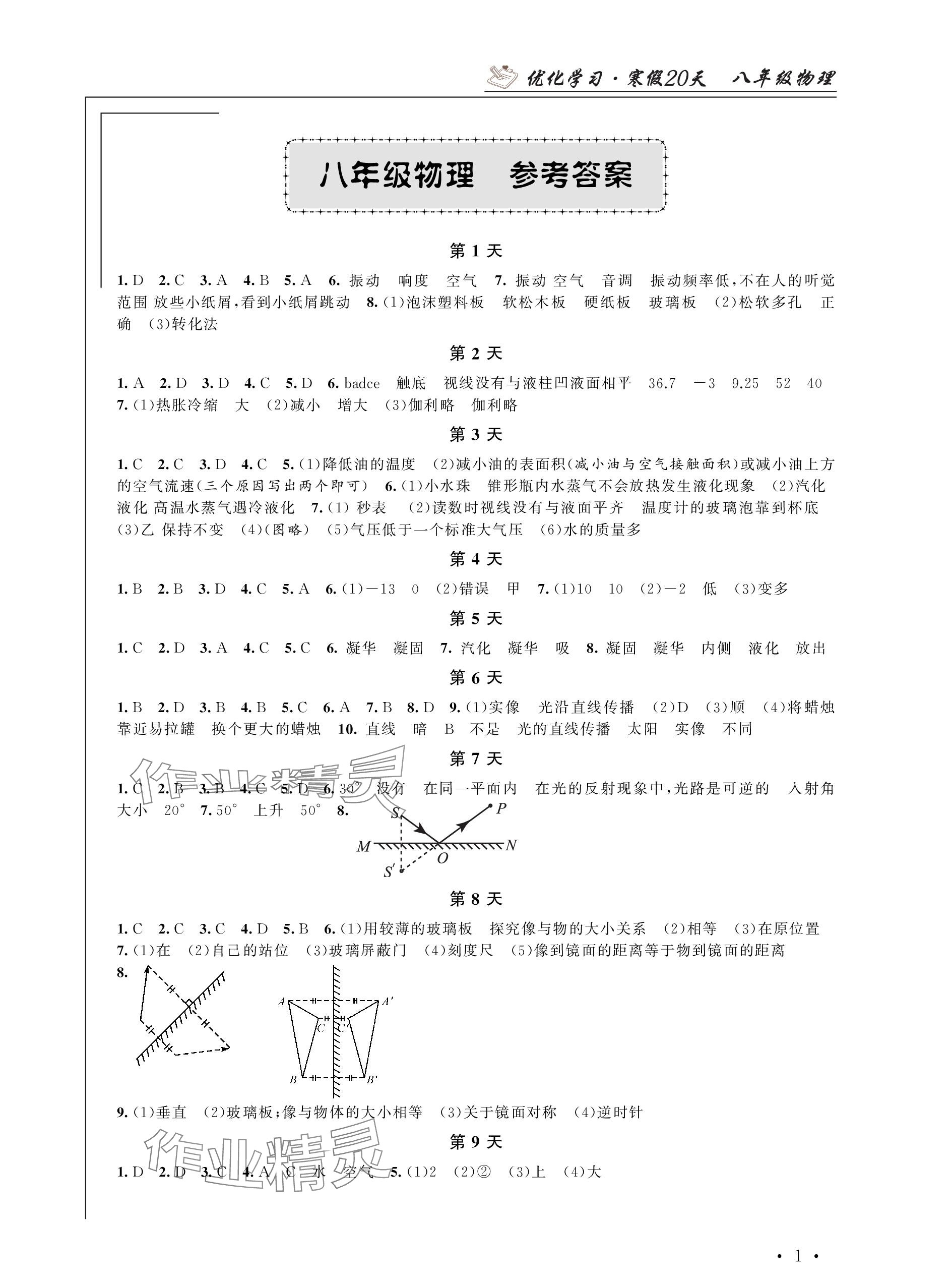 2024年優(yōu)化學(xué)習(xí)寒假20天八年級物理江蘇專版 參考答案第1頁