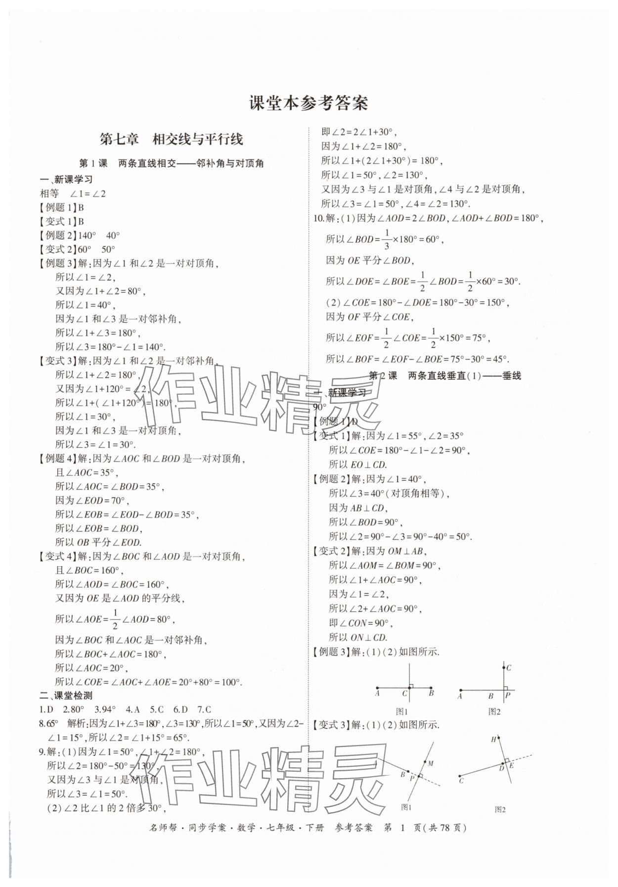 2025年名師幫同步學案七年級數學下冊人教版 參考答案第1頁