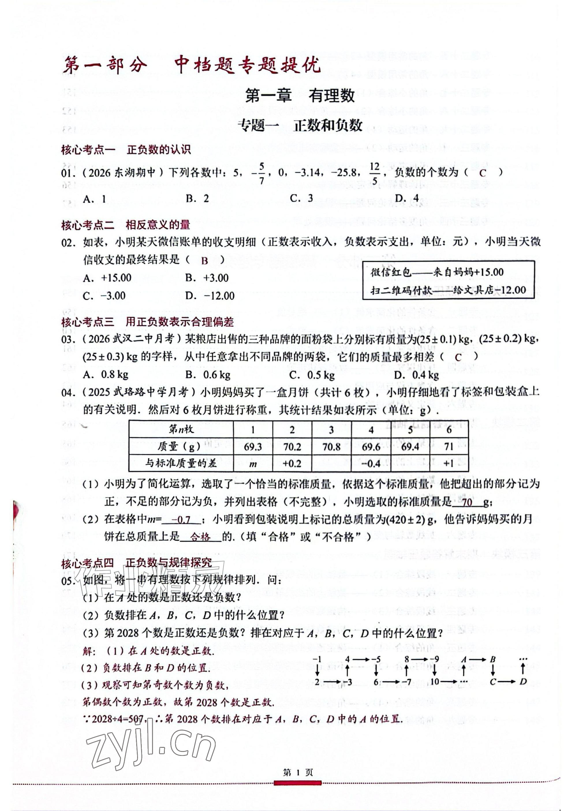 2026年核心考点专题培优七年级数学上册人教版&nbsp;参考答案第1页