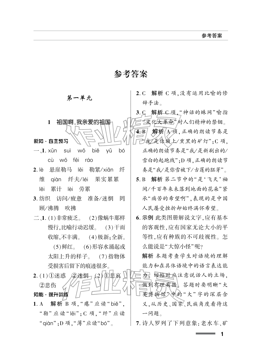 2026年配套综合练习甘肃九年级语文下册人教版&nbsp;参考答案第1页