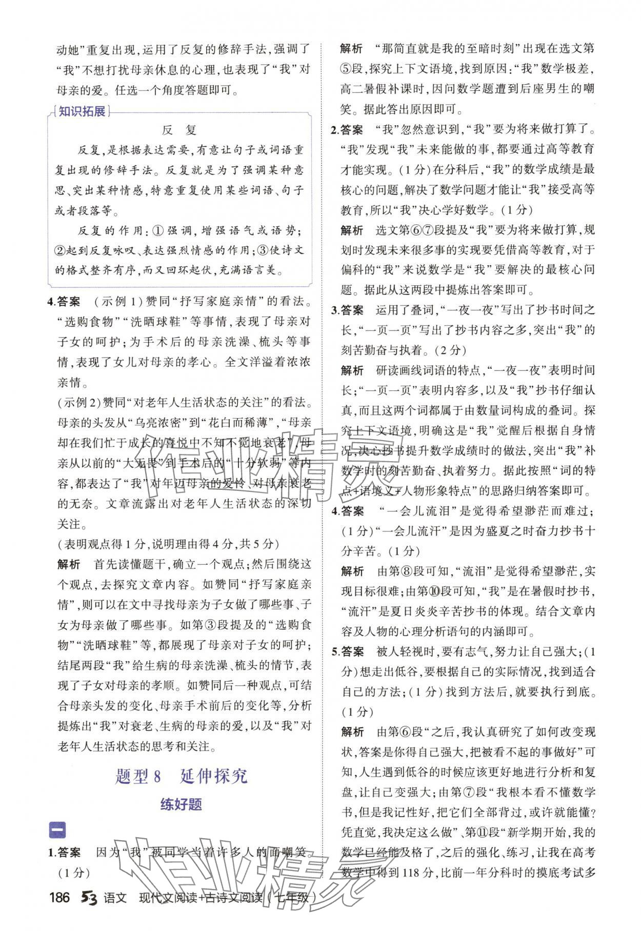 2024年53现代文阅读加古诗文阅读七年级语文人教版&nbsp;参考答案第12页