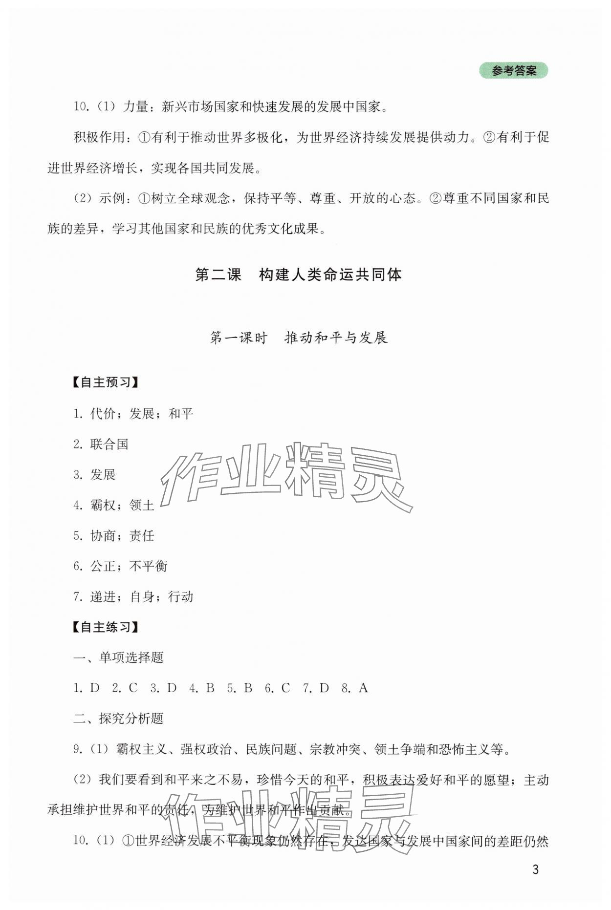2025年新課程實踐與探究叢書九年級道德與法治下冊人教版 參考答案第3頁