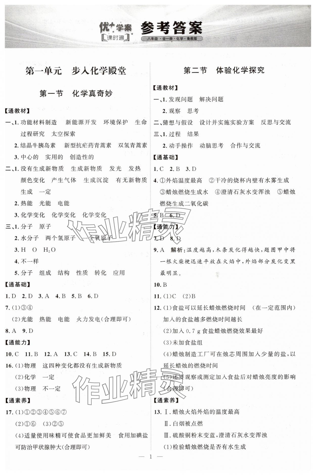 2025年優加學案課時通八年級化學全一冊魯教版54制 第1頁