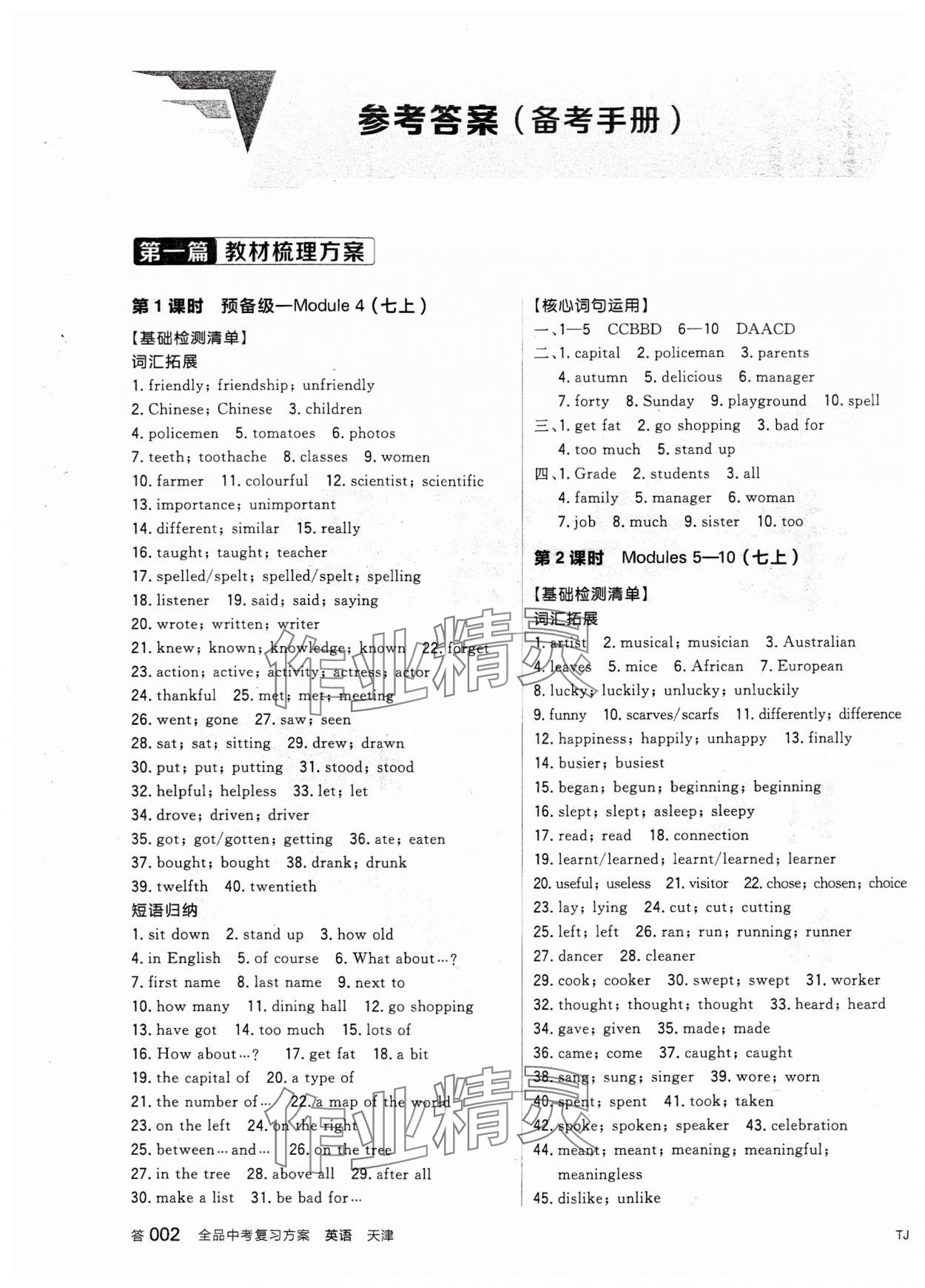 2024年全品中考復(fù)習(xí)方案英語天津?qū)０?nbsp;參考答案第1頁