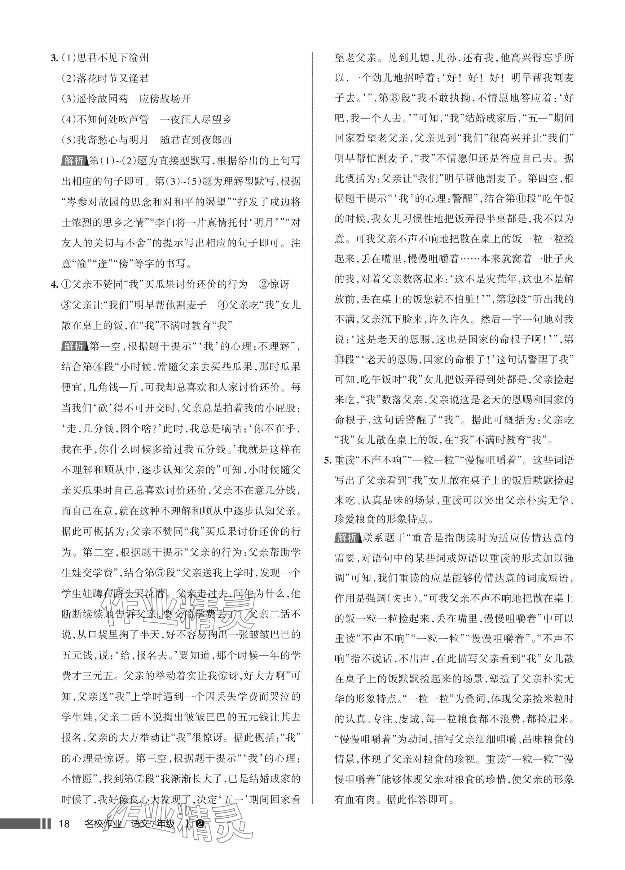 2025年名校作业七年级语文上册人教版湖北专版&nbsp;参考答案第18页