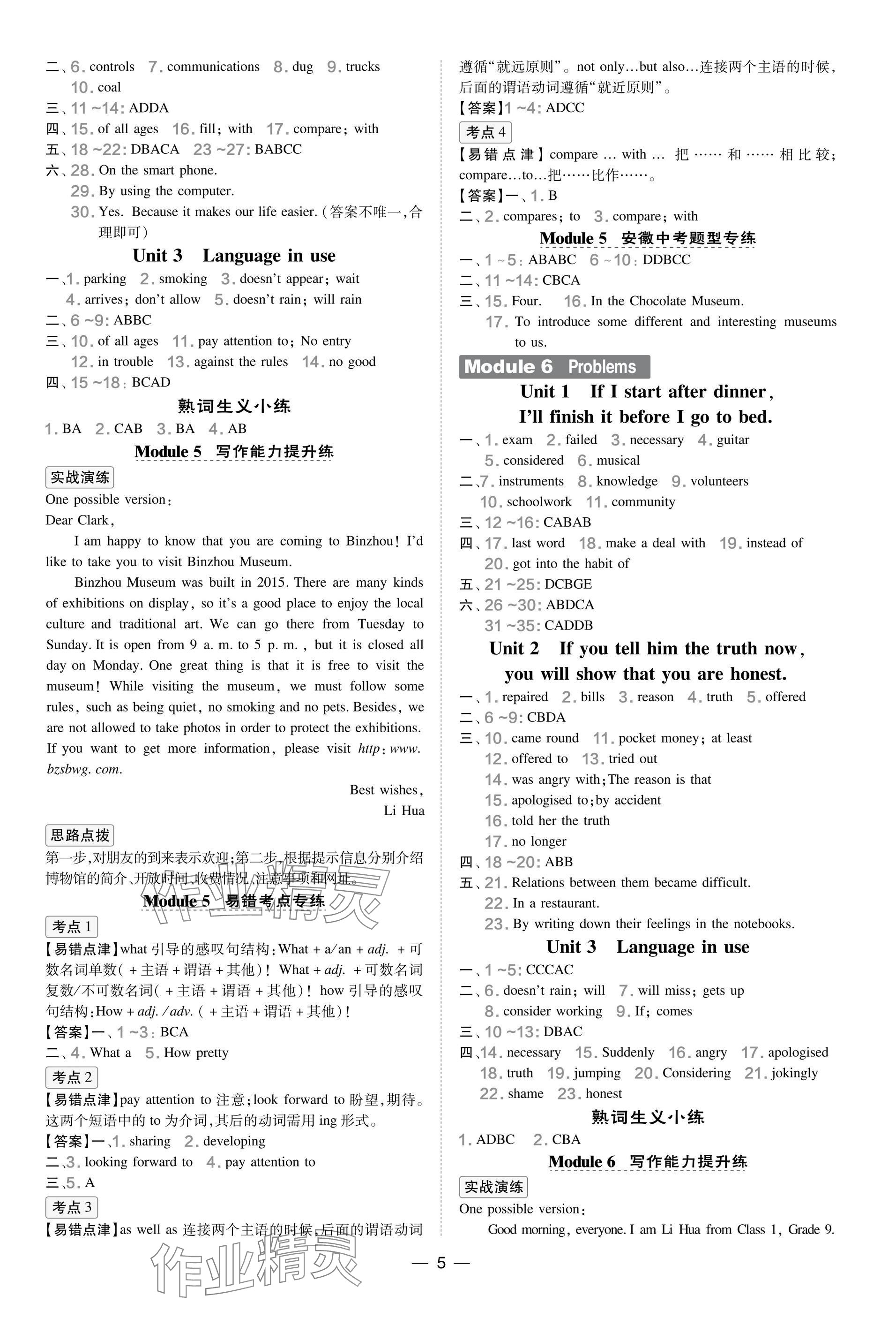 2025年點(diǎn)撥訓(xùn)練九年級(jí)英語上冊外研版安徽專版&nbsp;參考答案第5頁