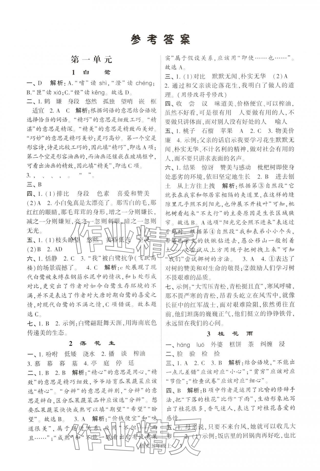 2024年经纶学典提高班五年级语文上册人教版 参考答案第1页