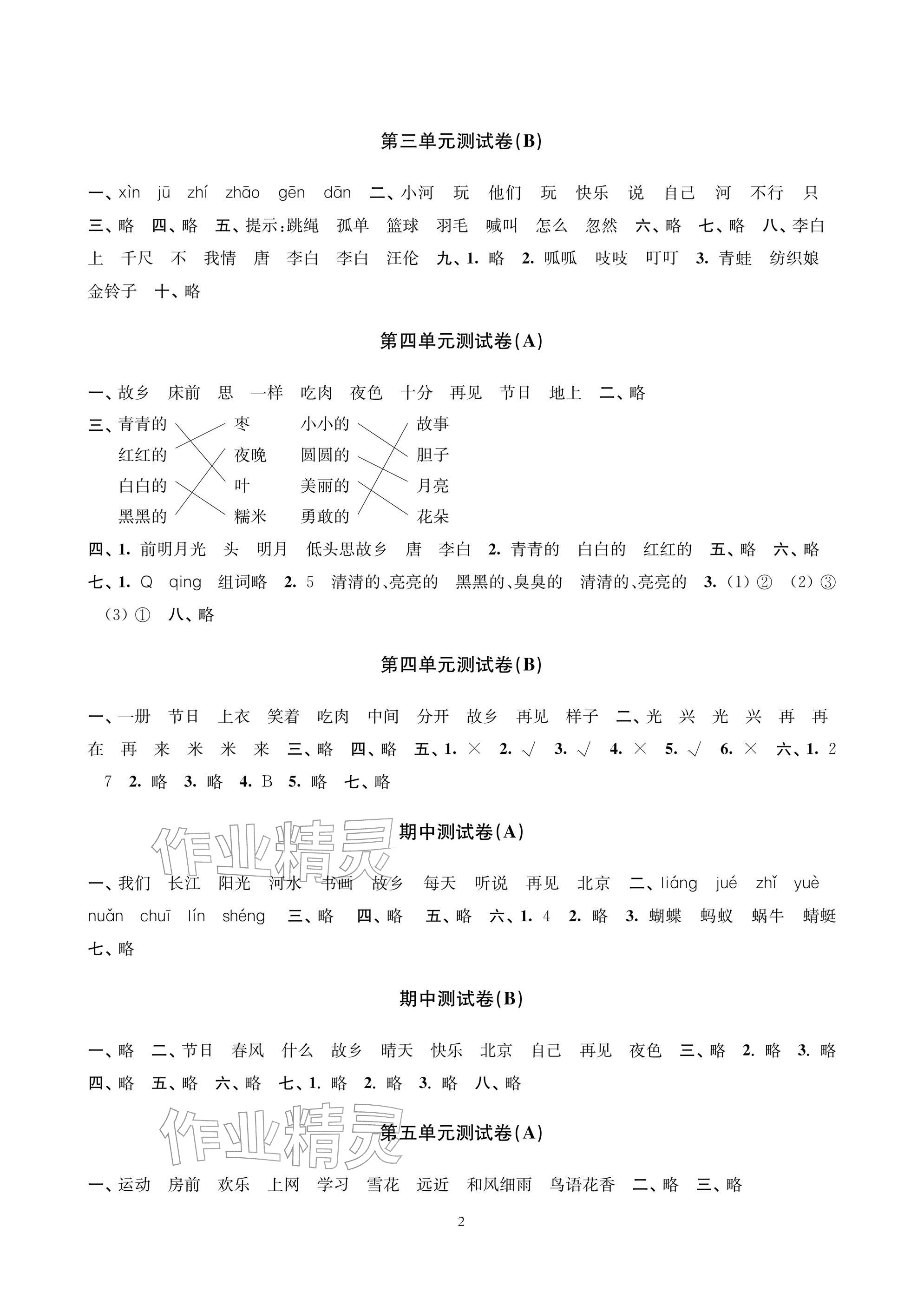 2026年层层递进一年级语文下册人教版&nbsp;参考答案第2页