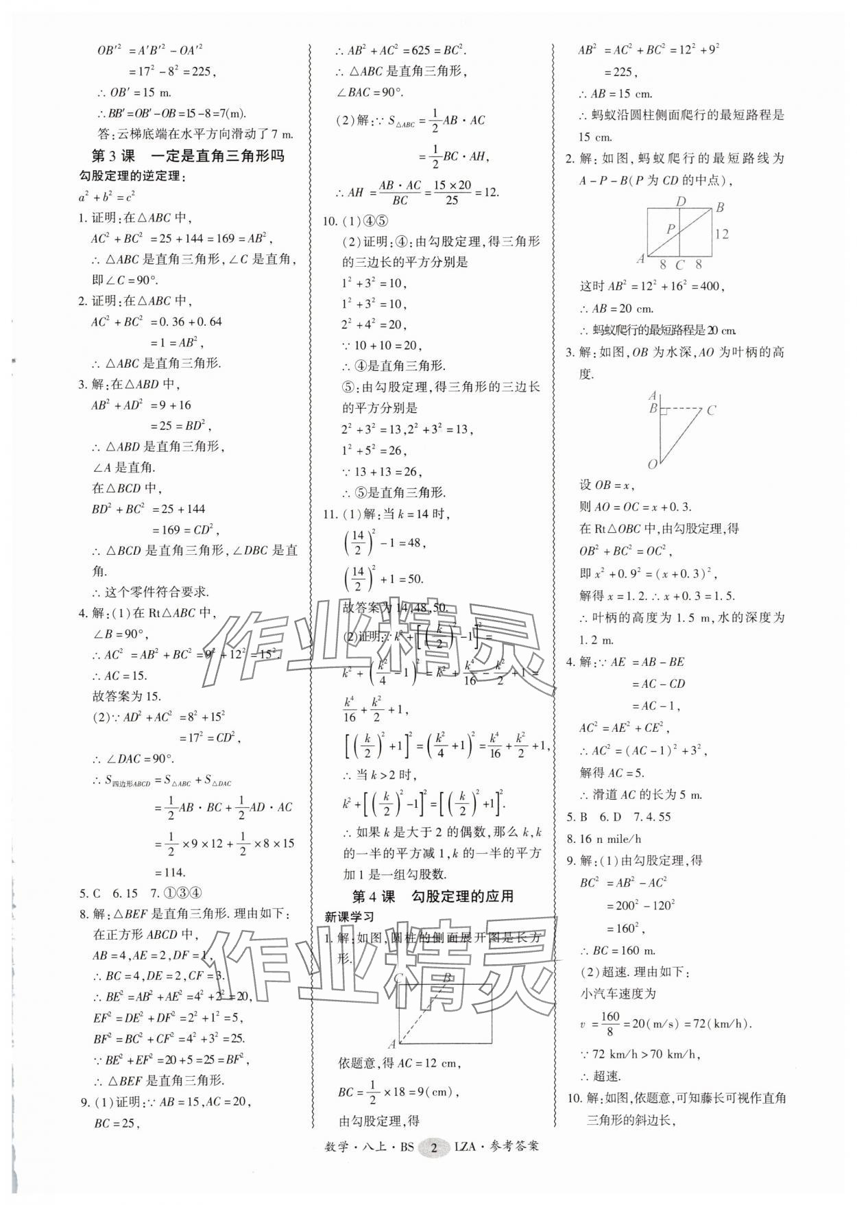 2025年零障碍导教导学案八年级数学上册北师大版 参考答案第2页