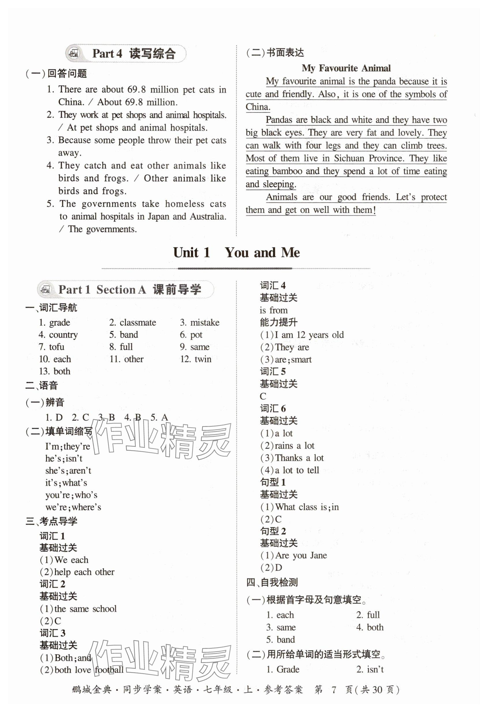 2025年名師幫同步學案七年級英語上冊人教版 參考答案第7頁