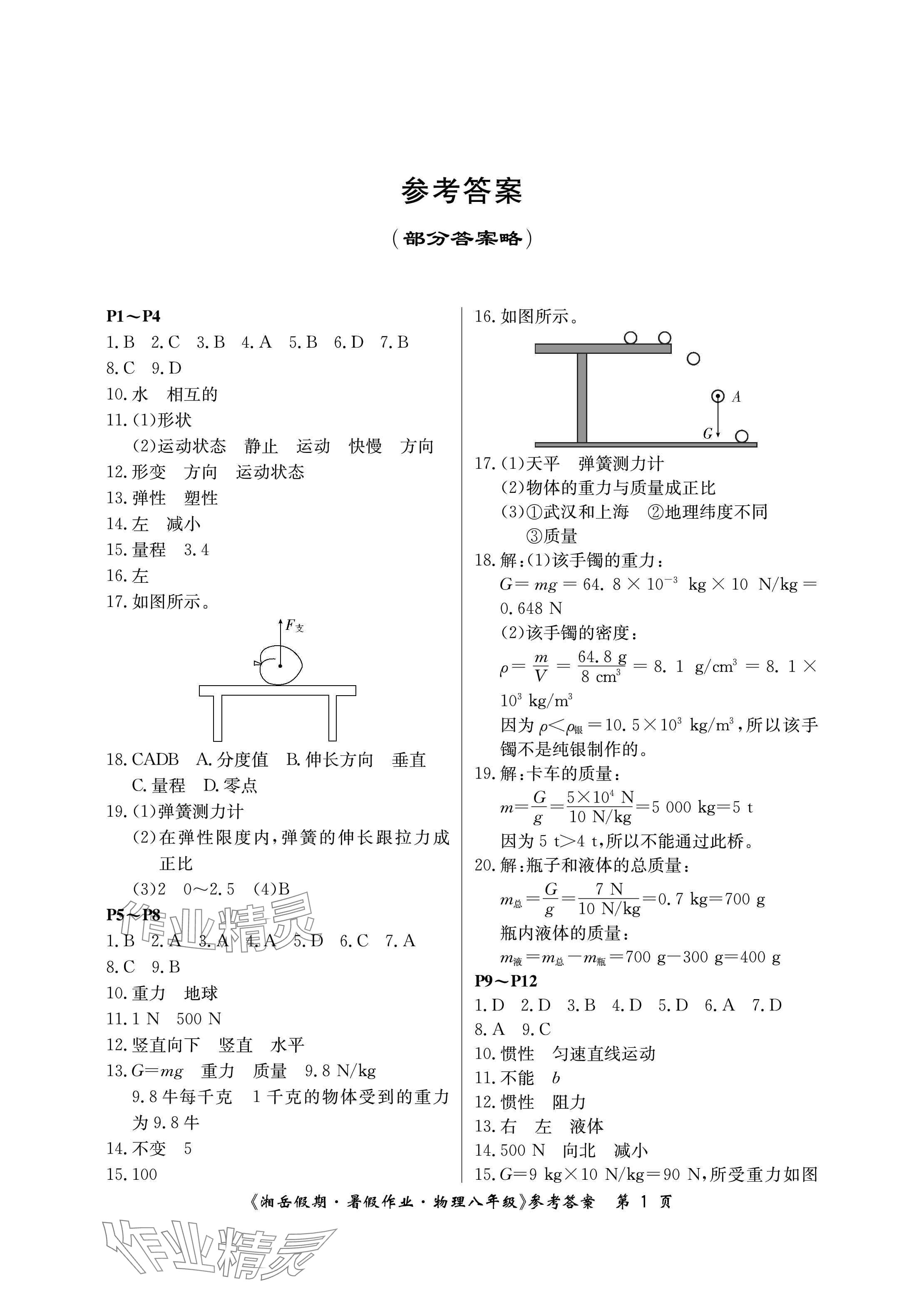 2024年湘岳假期暑假作业八年级物理人教版 参考答案第1页