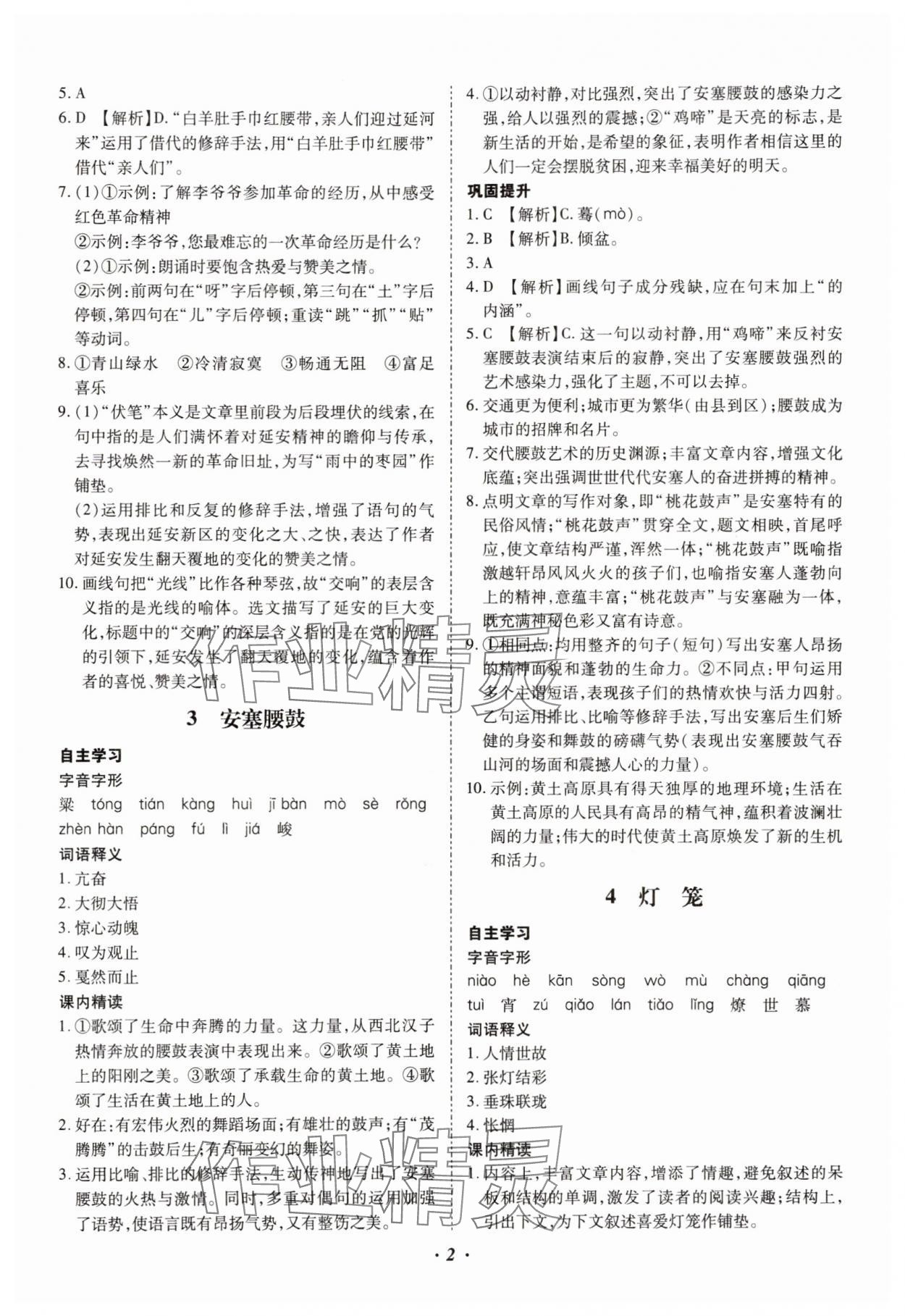 2025年本土攻略八年級(jí)語文下冊(cè)人教版云南專版 參考答案第2頁