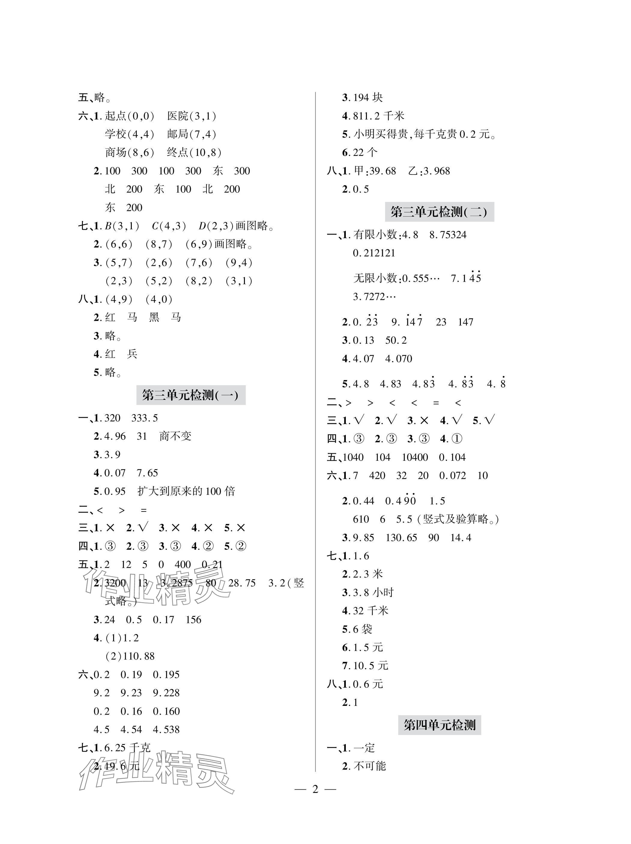 2025年单元自测试卷青岛出版社五年级数学上册人教版 参考答案第2页
