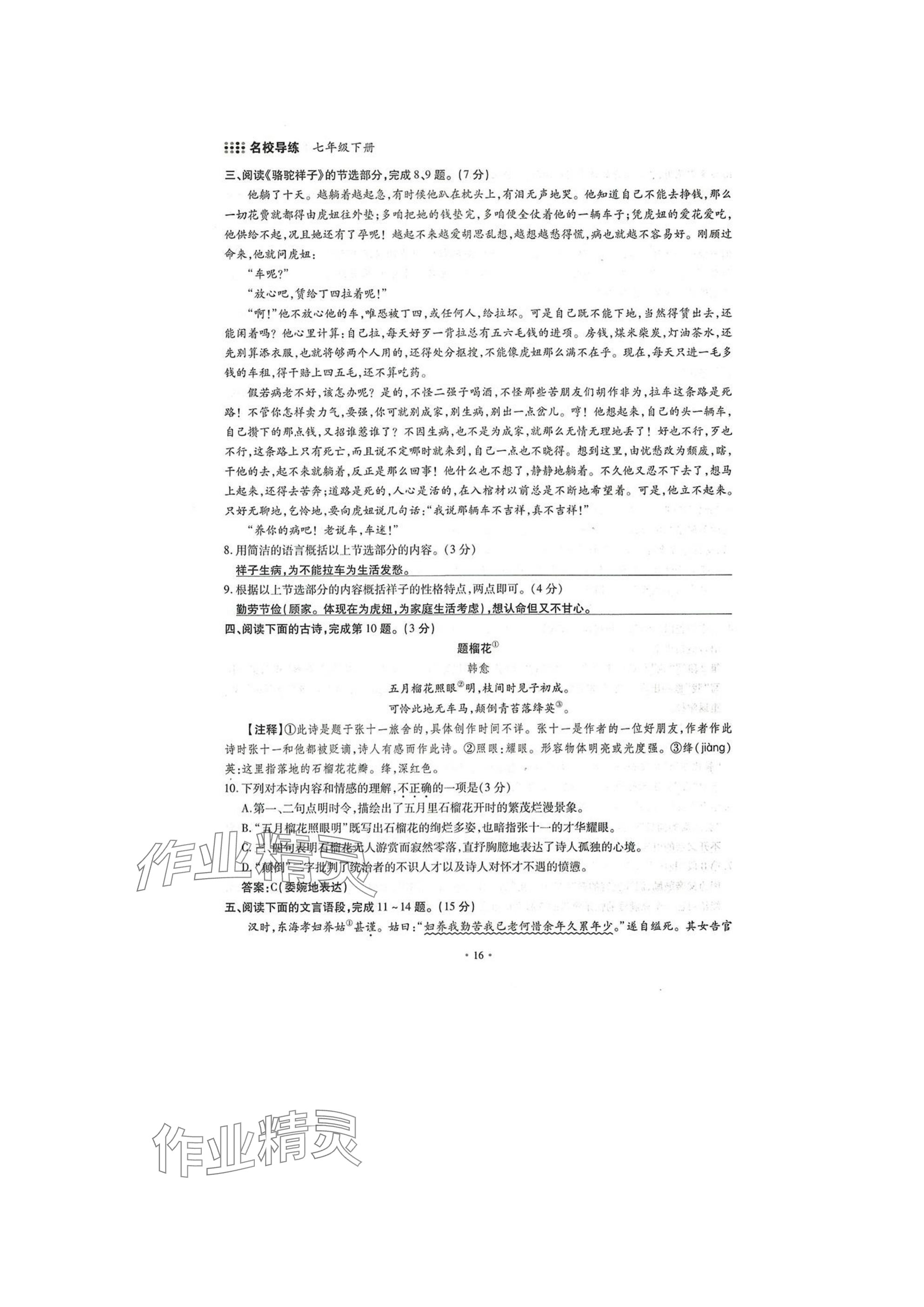 2025年名校导练七年级语文下册人教版 参考答案第16页