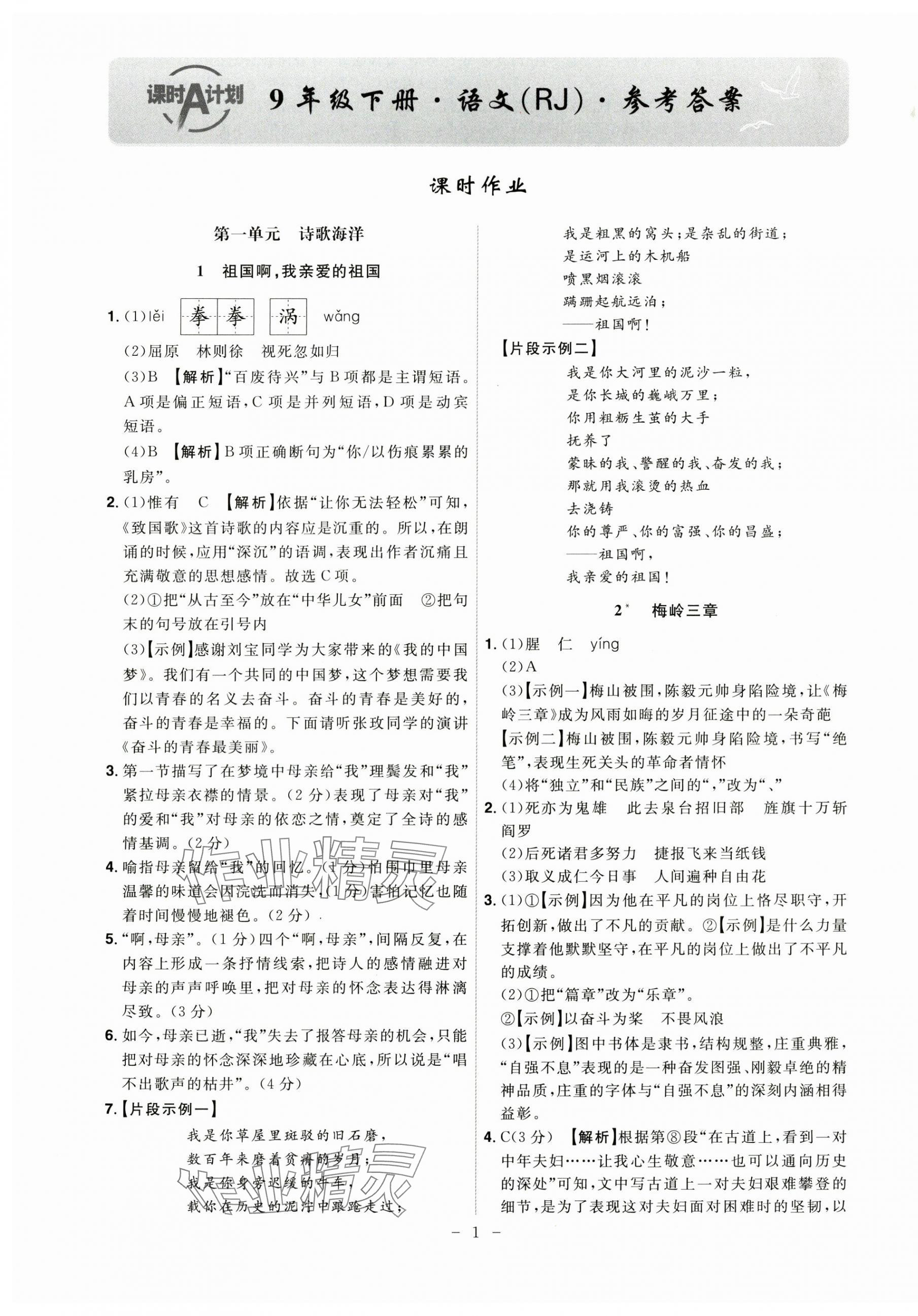 2025年課時A計劃九年級語文下冊人教版 第1頁