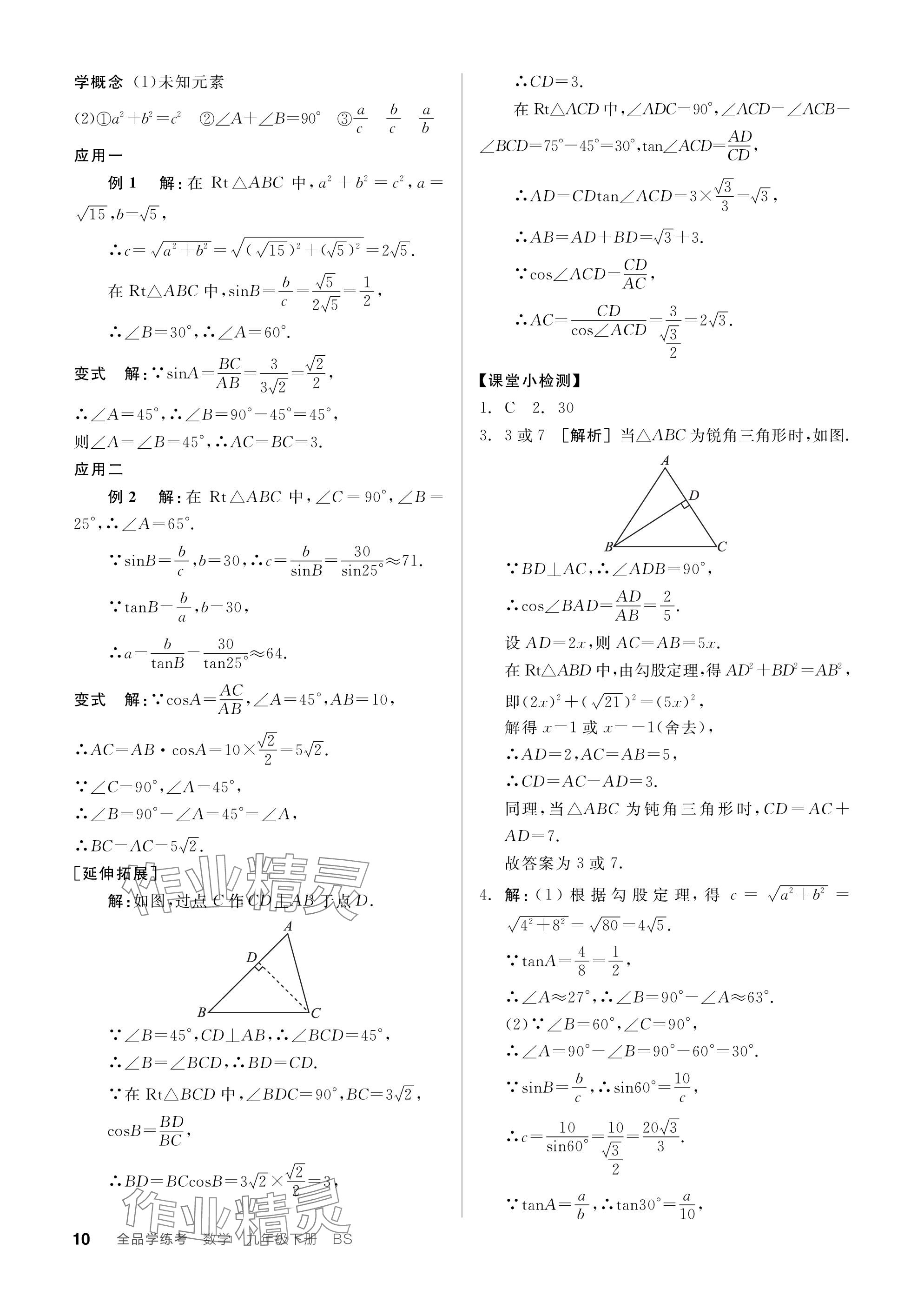 2024年全品学练考九年级数学下册北师大版深圳专版 参考答案第10页