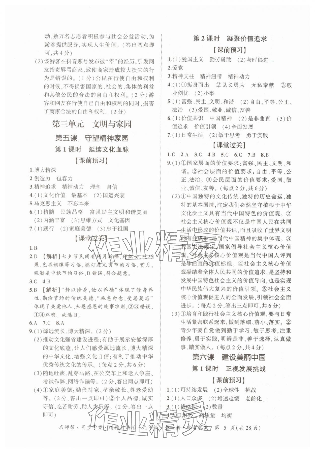 2025年名師幫同步學案九年級道德與法治全一冊人教版 參考答案第5頁
