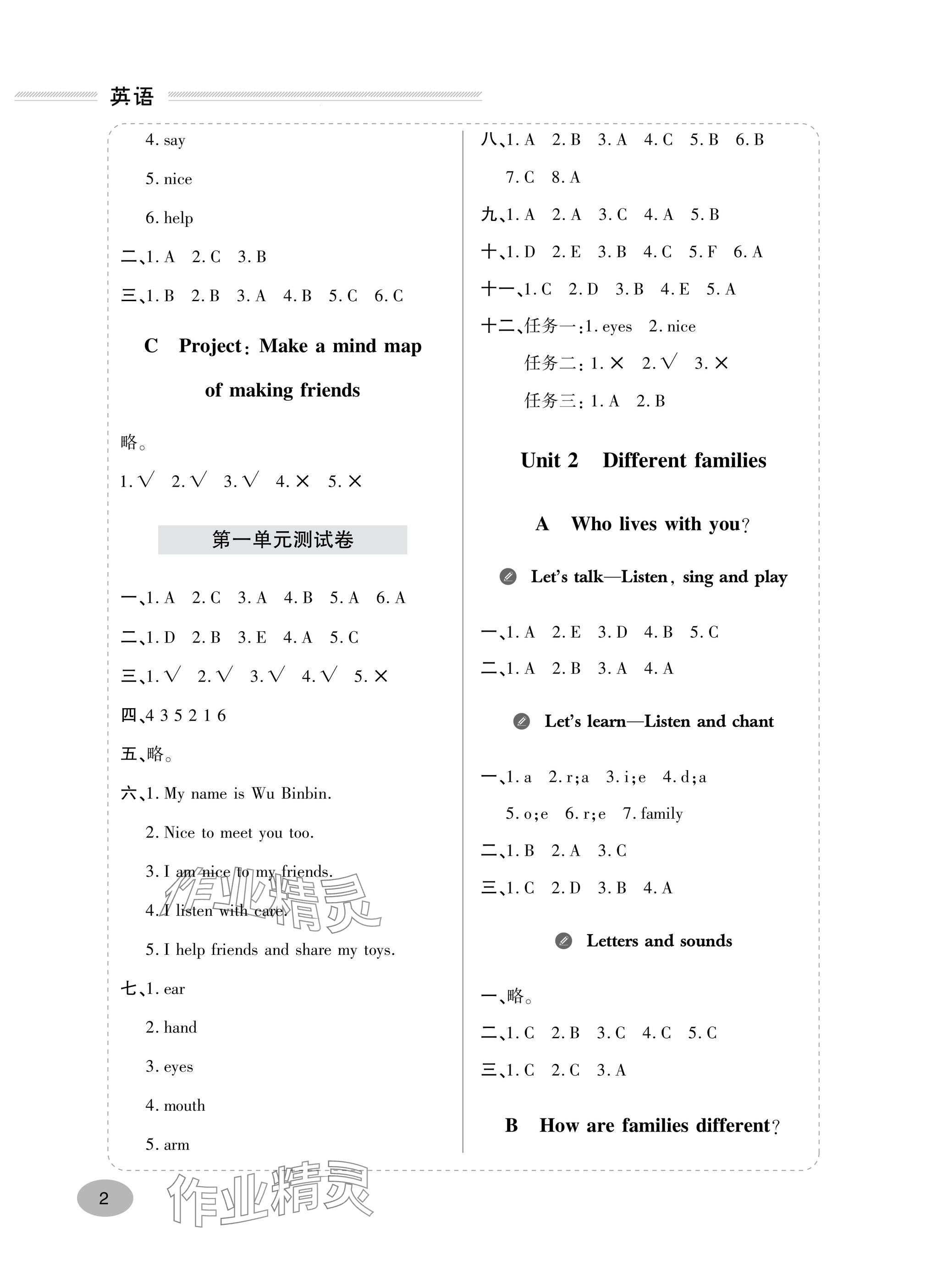 2024年精练课堂分层作业三年级英语上册人教版 参考答案第2页
