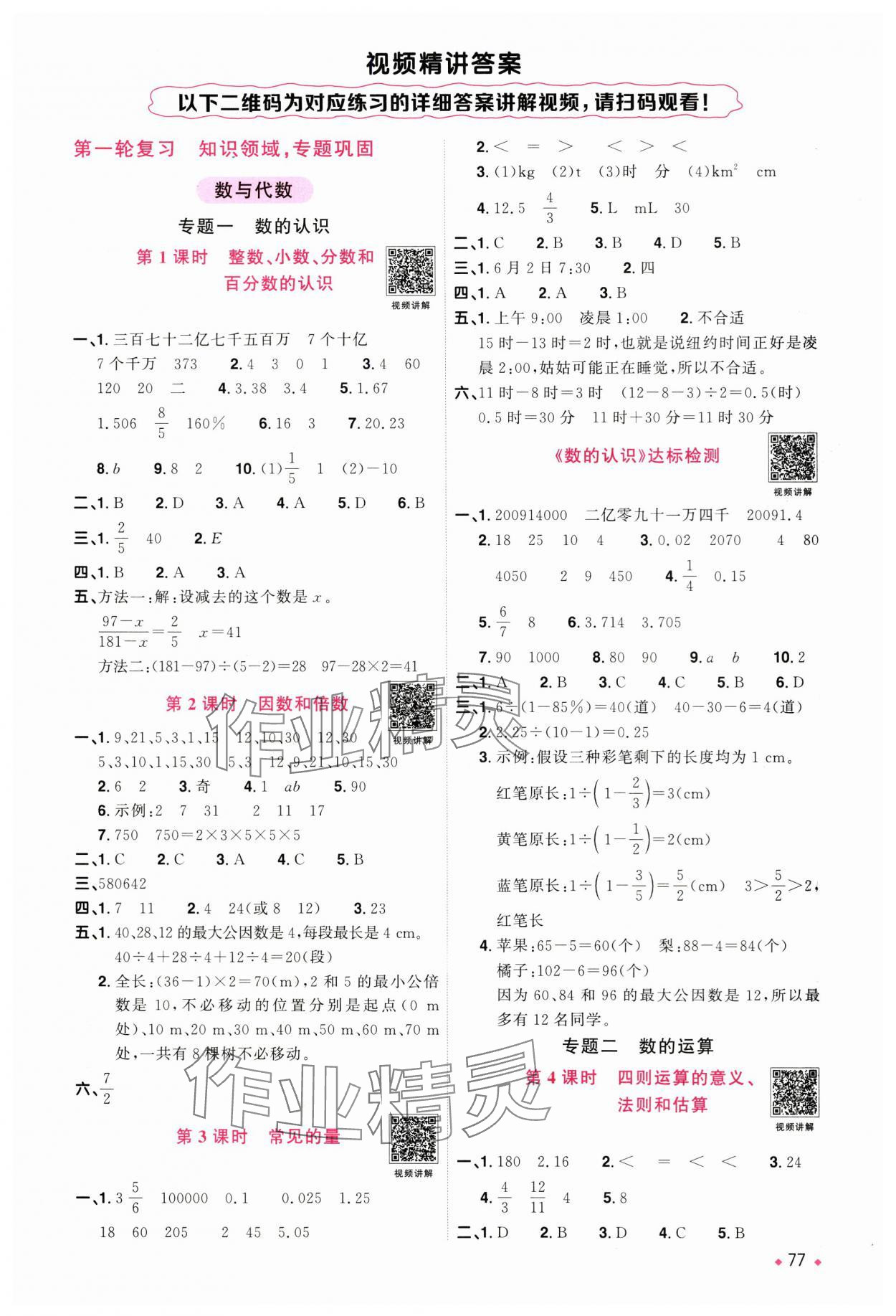 2025年陽光同學(xué)小學(xué)畢業(yè)升學(xué)系統(tǒng)總復(fù)習(xí)數(shù)學(xué) 參考答案第1頁