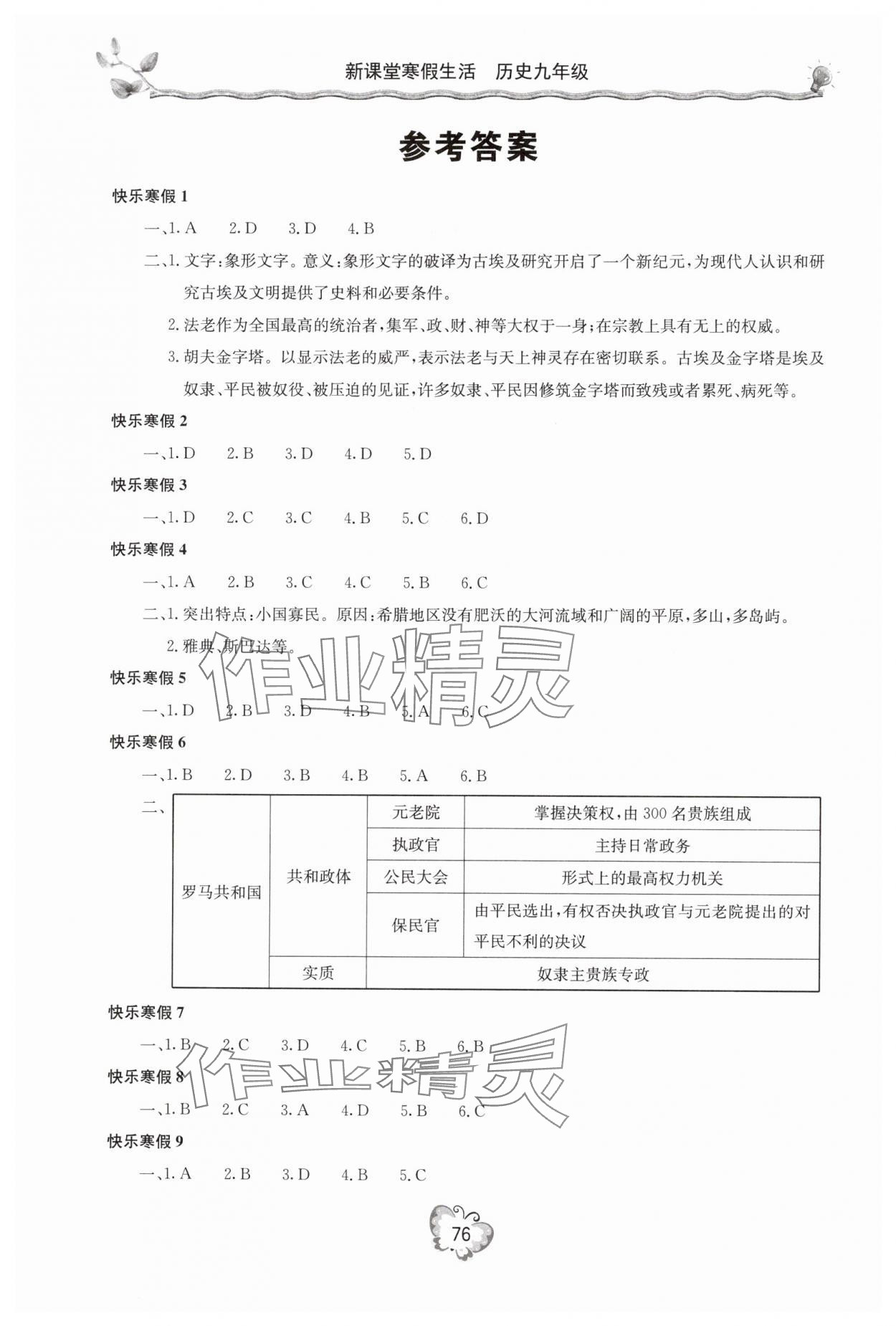 2025年新課堂寒假生活九年級歷史 參考答案第1頁