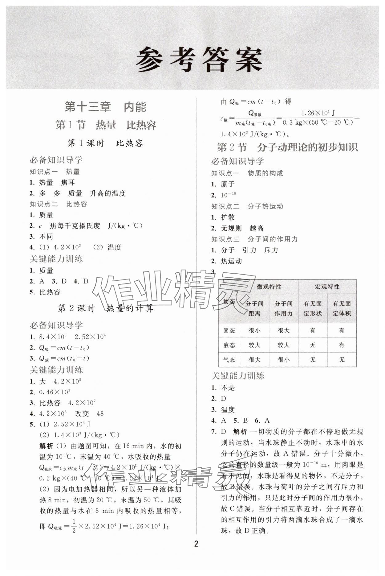 2025年配套练习册九年级物理全一册人教版 参考答案第1页