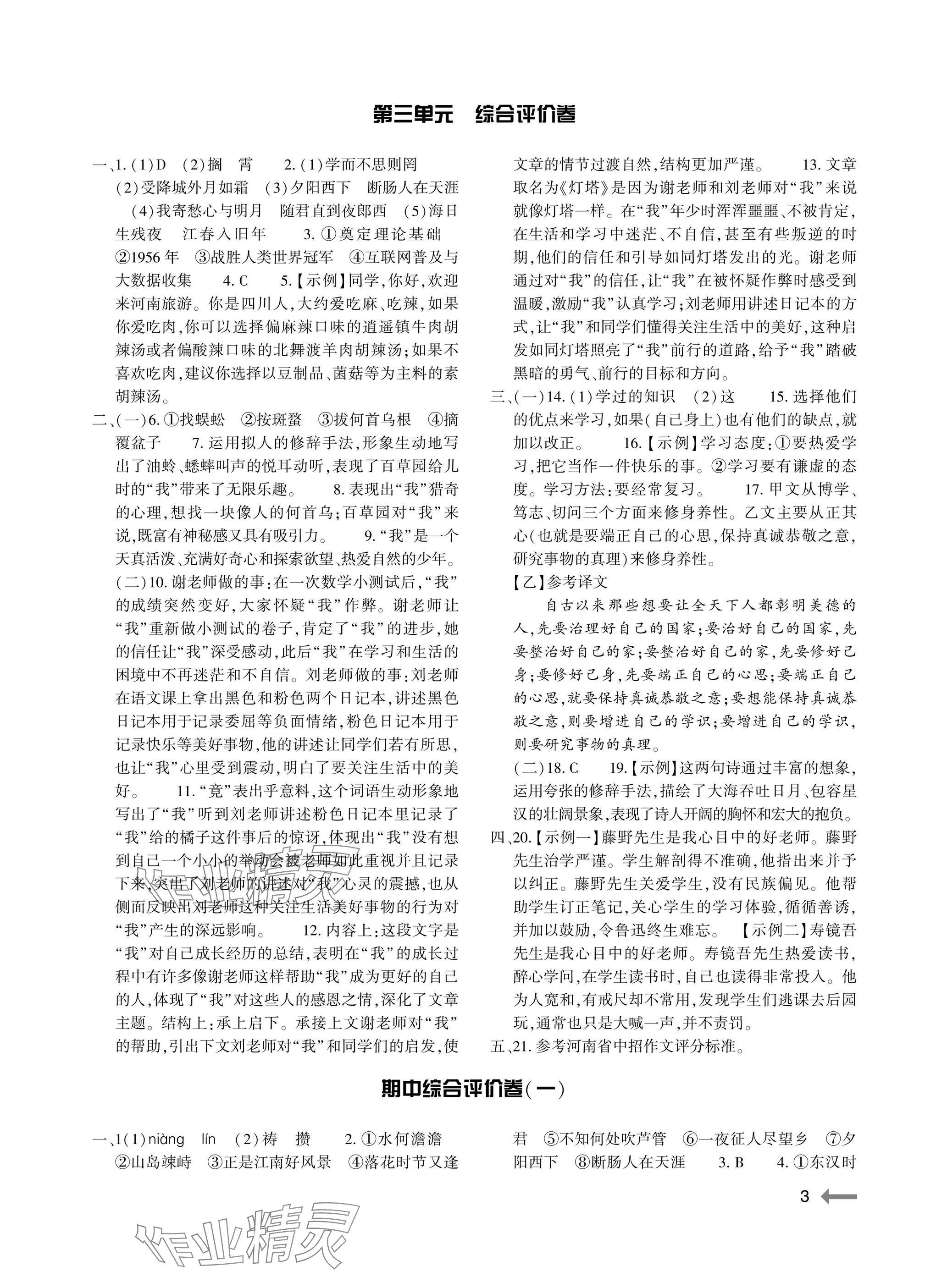 2025年节节高大象出版社七年级语文上册人教版 参考答案第3页